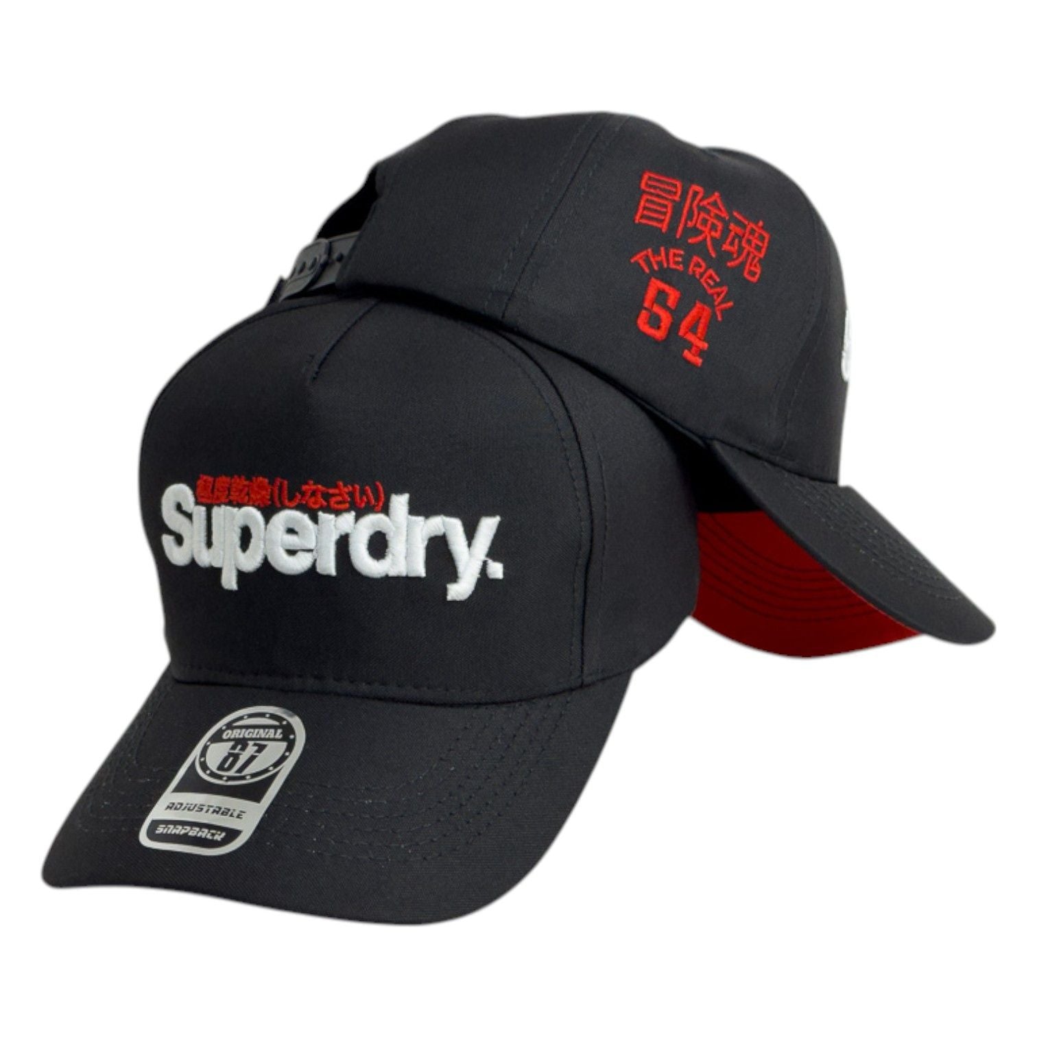 Gorra Superdry Negra con Bordado en Relieve y Visera Roja.