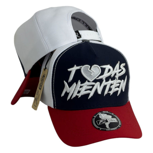 Gorra Full Caps Azul, Blanca y Roja con Bordado en Relieve y Visera Roja.