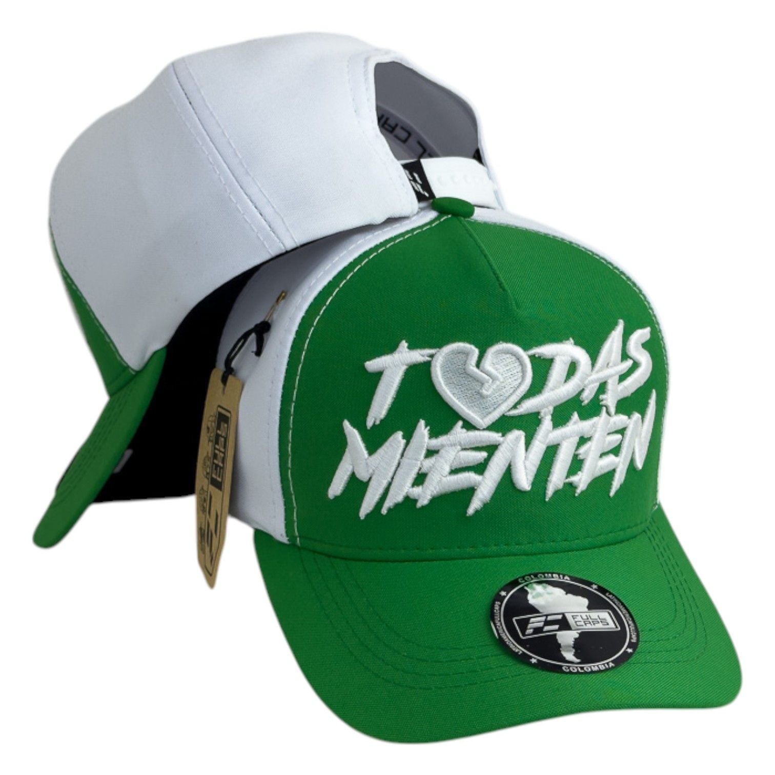 Gorra Full Caps Verde y Blanca con Bordado en Relieve y Estampado.