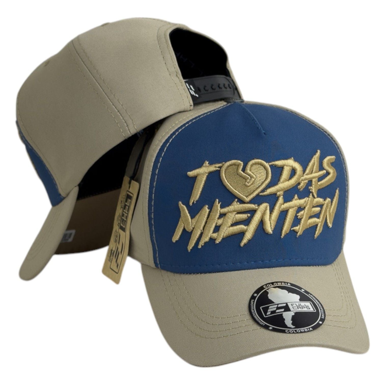Gorra Full Caps Beige y Azul con Bordado en Relieve y Cierre Ajustable.