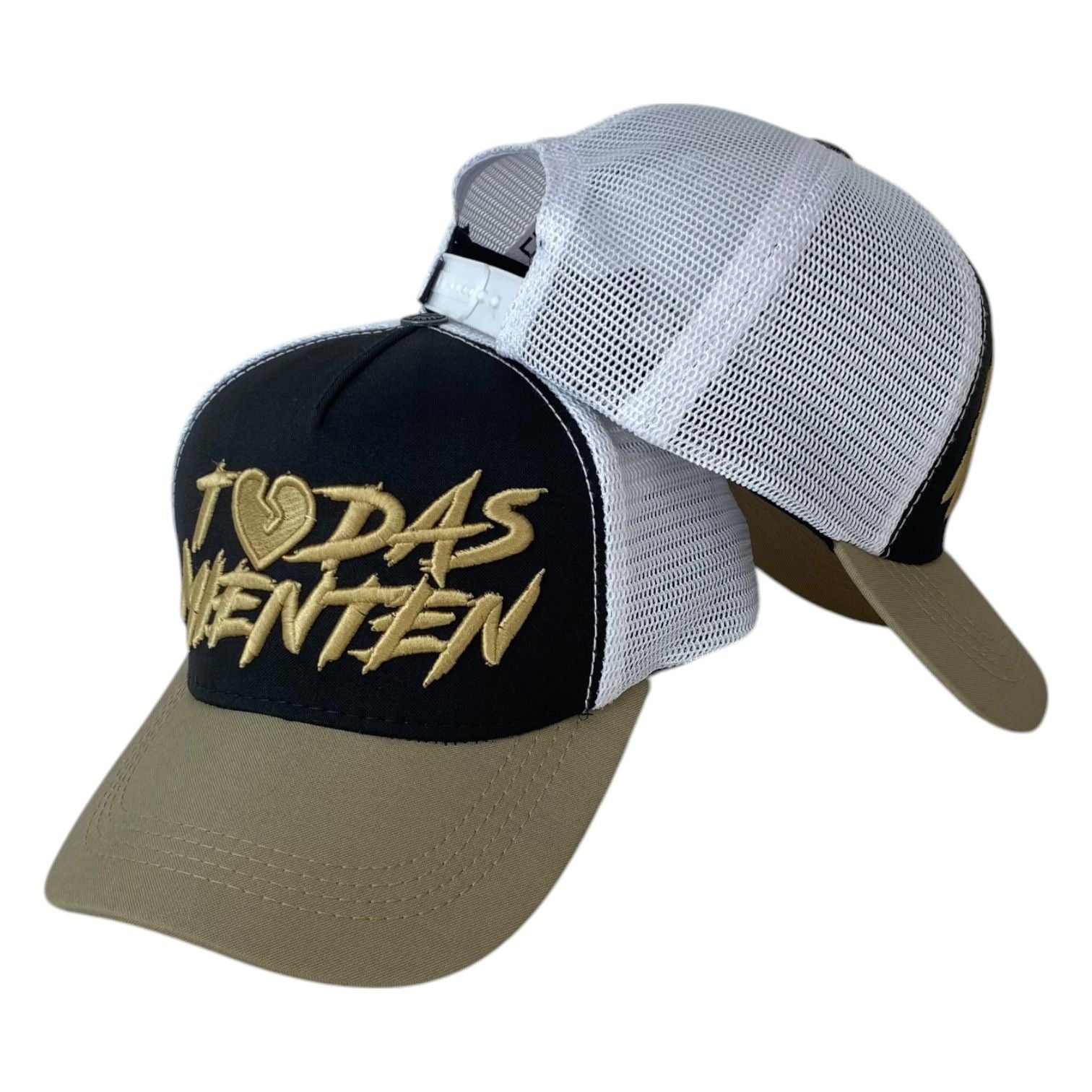 Gorra Full Caps Negra con Malla Blanca y Bordado en Relieve.