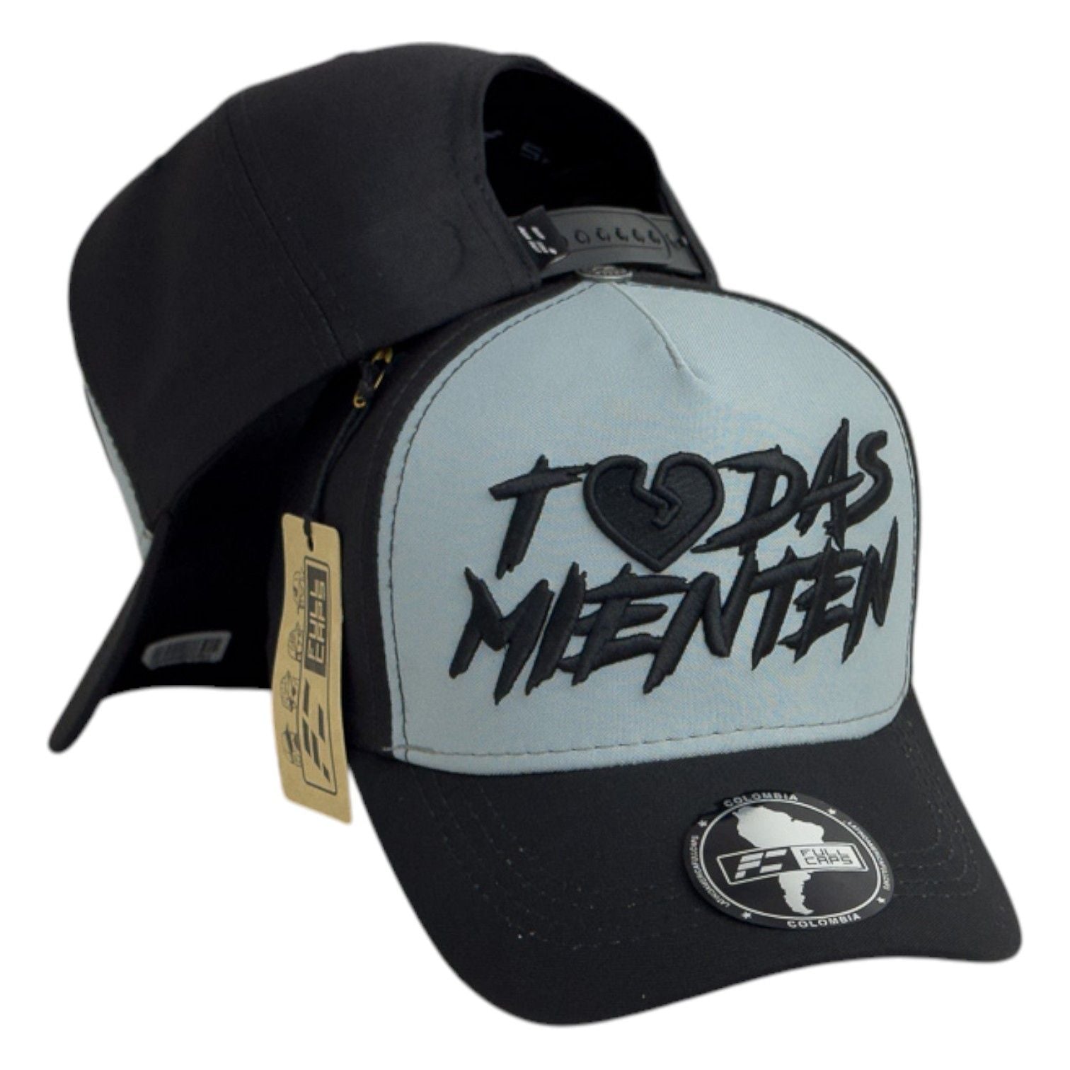 Gorra Full Caps Negra con Gris con Bordado en Relieve y Cierre Ajustable.