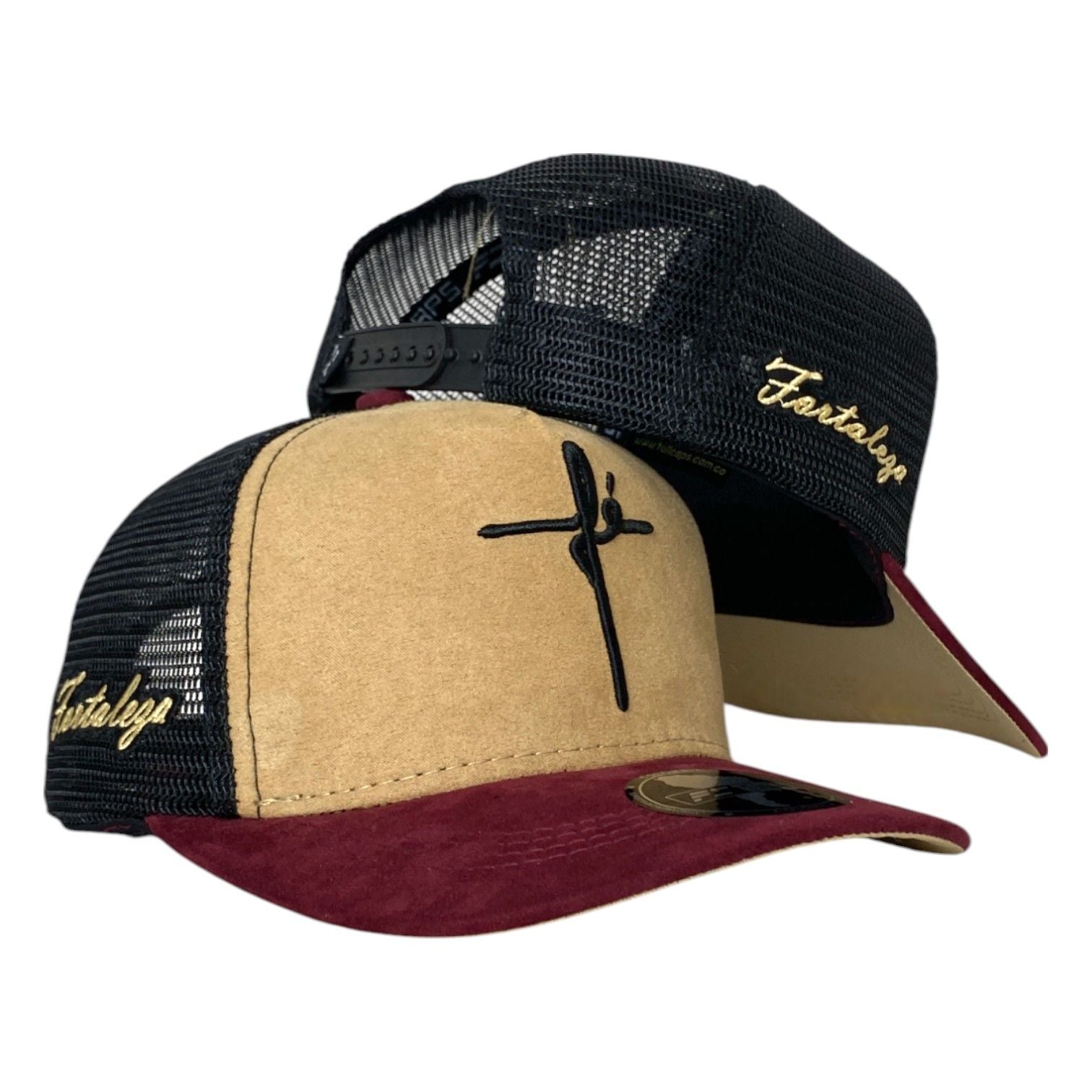 Gorra FE Beige y Vinotinto en Gamuza con Malla Negra y Bordado en Relieve.