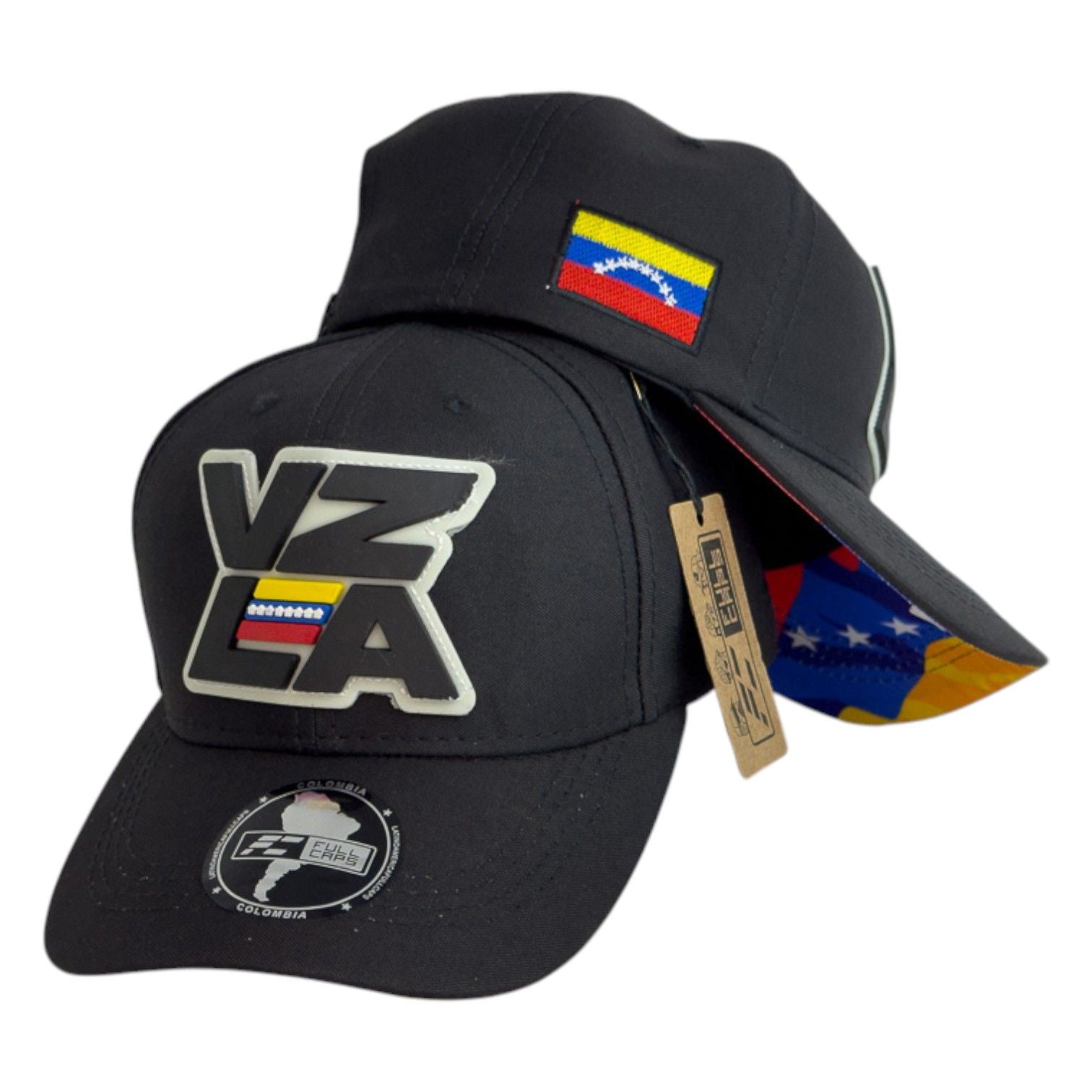 Gorra Venezuela Negra con Bordado en Relieve y Visera Estampada.