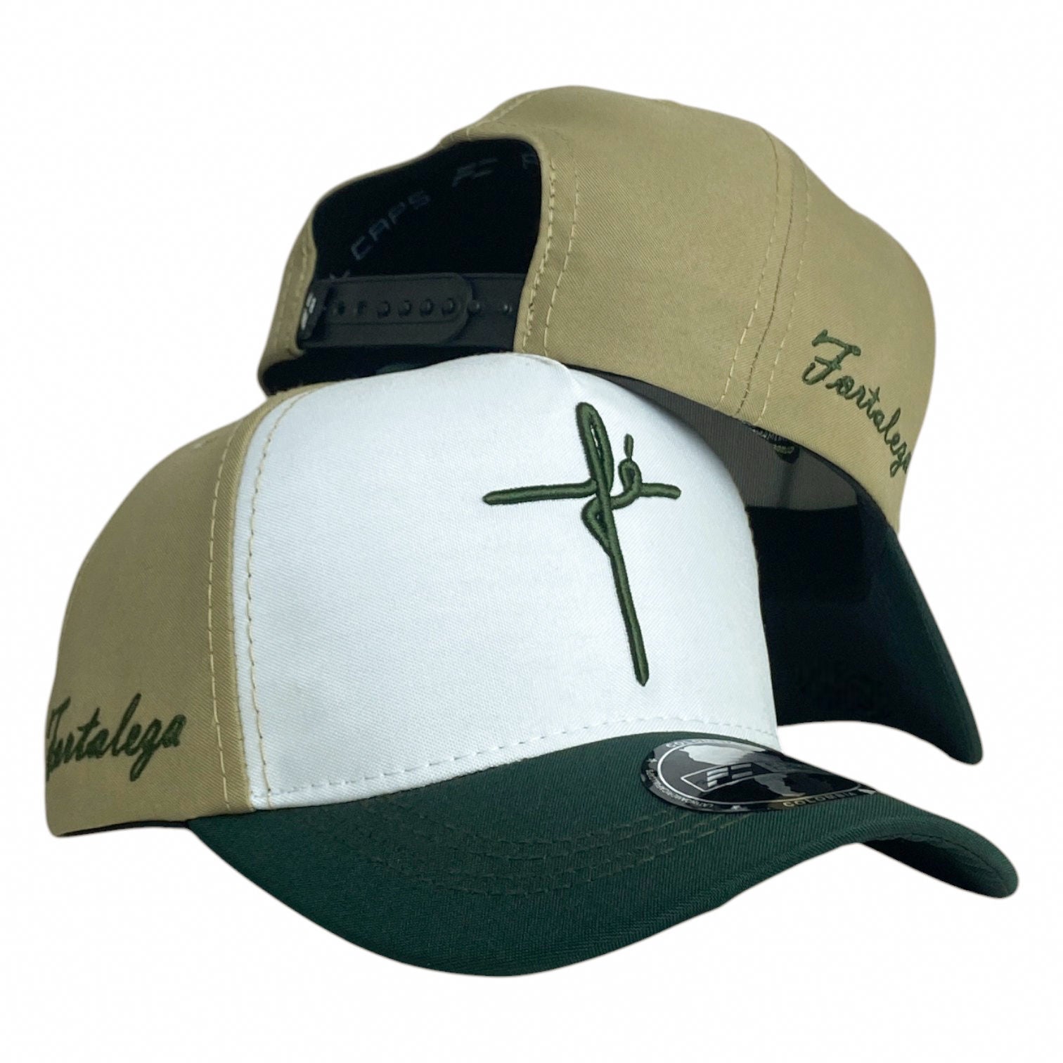 Gorra FE Beige y Verde con Bordado en Relieve y Bordado Lateral.