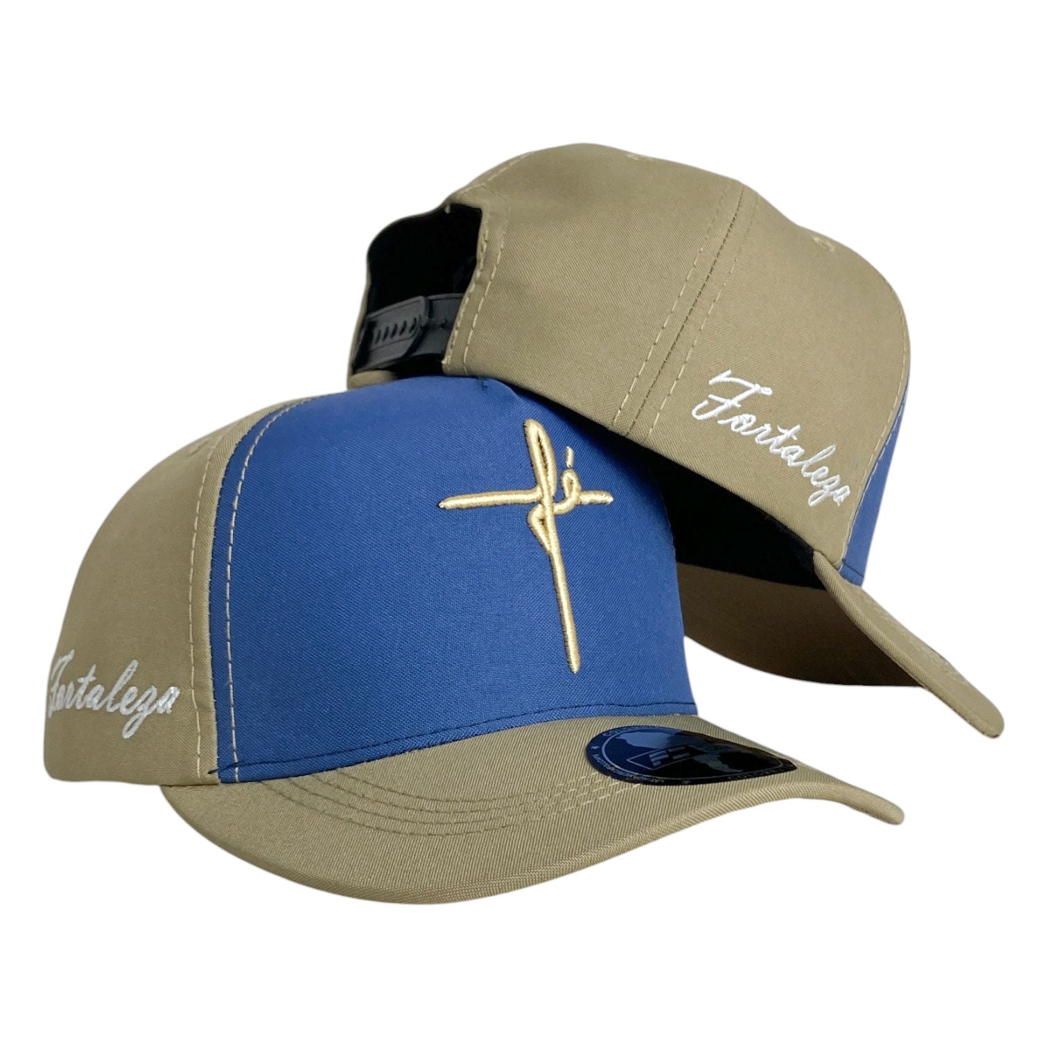 Gorra FE Azul y Beige con Bordado en Relieve y Bordado Lateral.