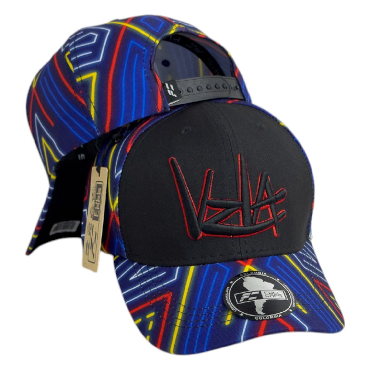 Gorra Venezuela Negra con Estampado Neón y Bordado en Relieve.
