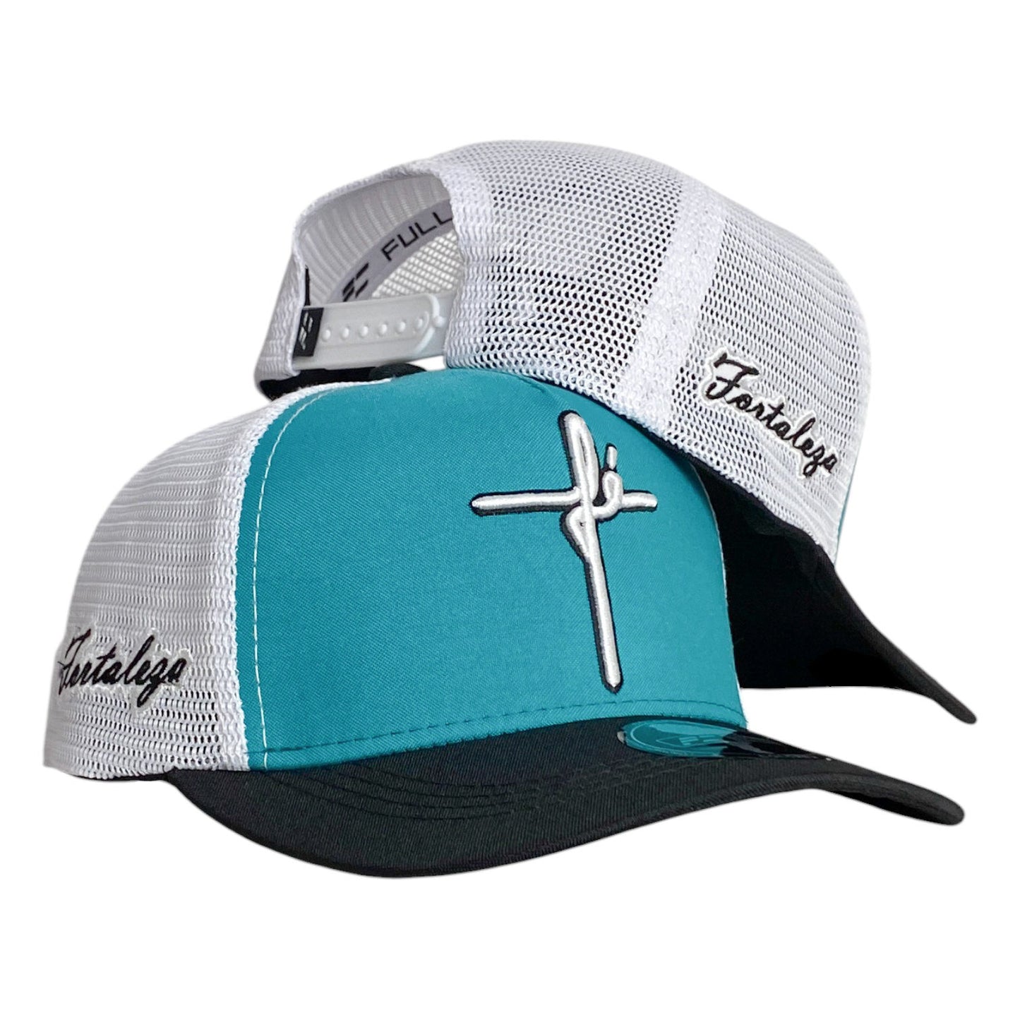 Gorra FE Turquesa con Malla Blanca y Bordado en Relieve.