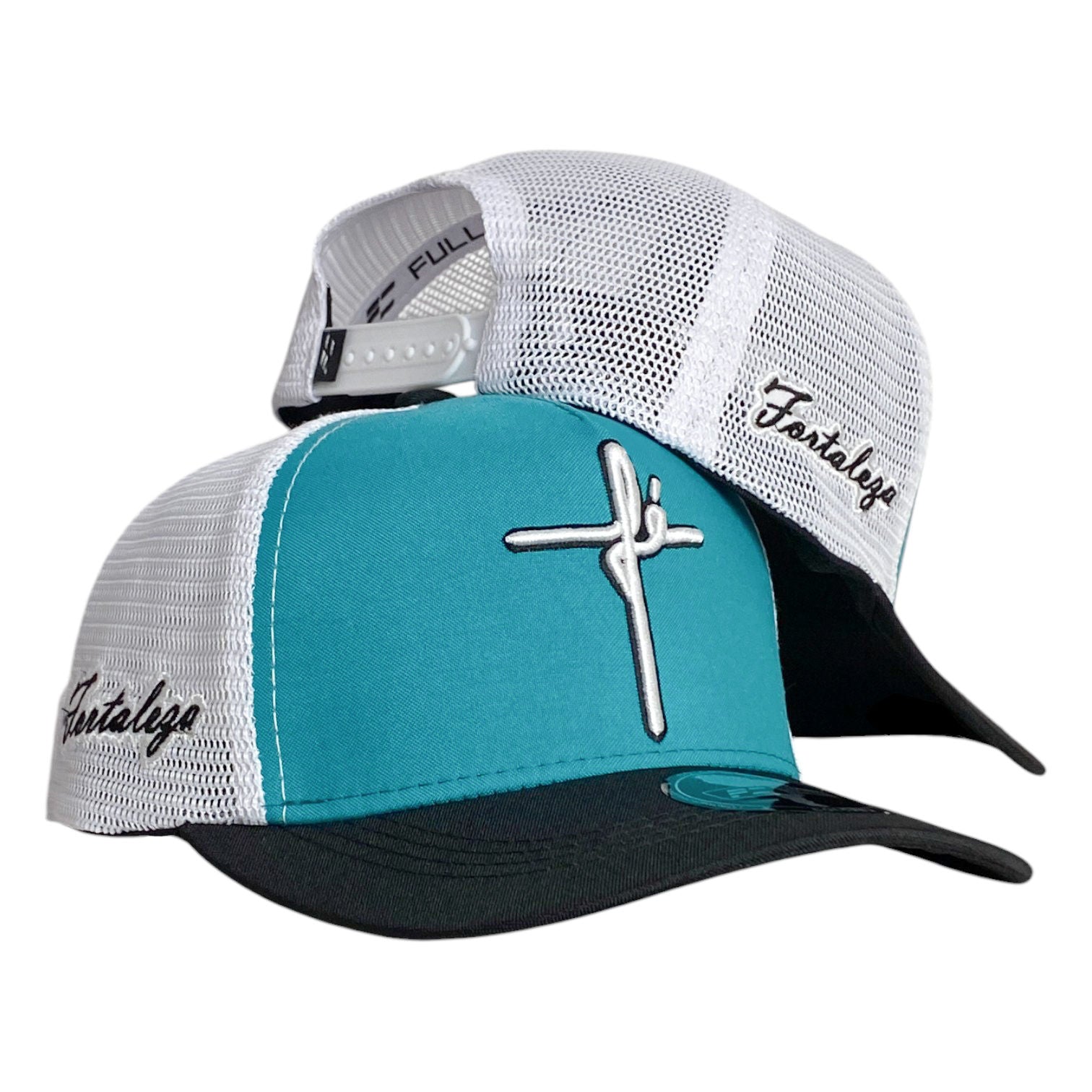 Gorra FE Turquesa con Malla Blanca y Bordado en Relieve.