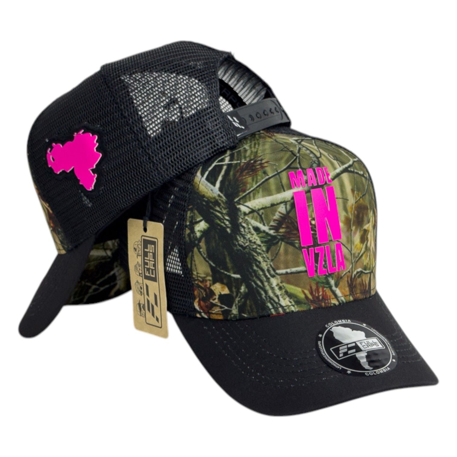 Gorra Venezuela Camo con Malla Negra y Estampado Rosa.