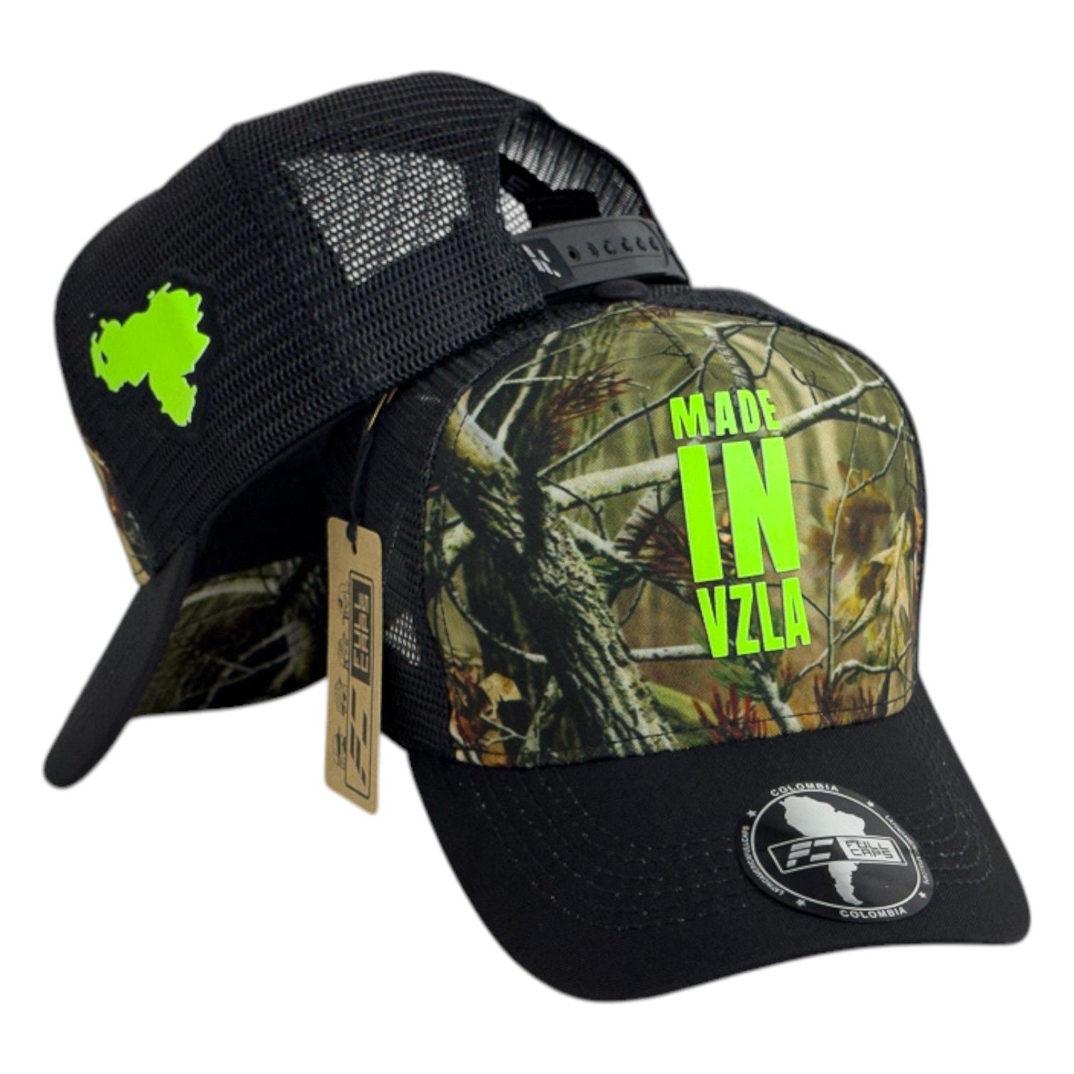 Gorra Venezuela Camo con Malla Negra y Estampado Neón.