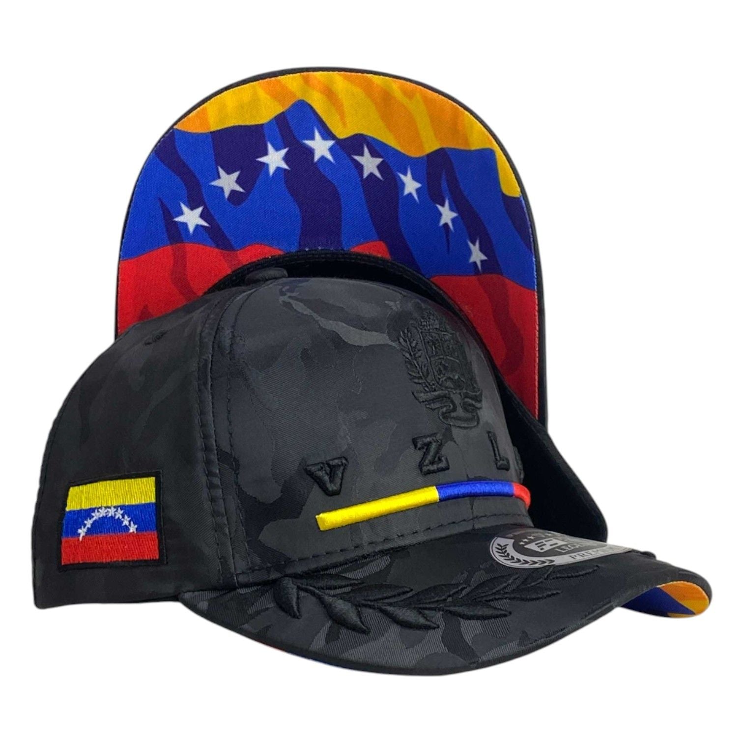 Gorra Venezuela Negra con Visera Estampada y Bordado en Relieve.
