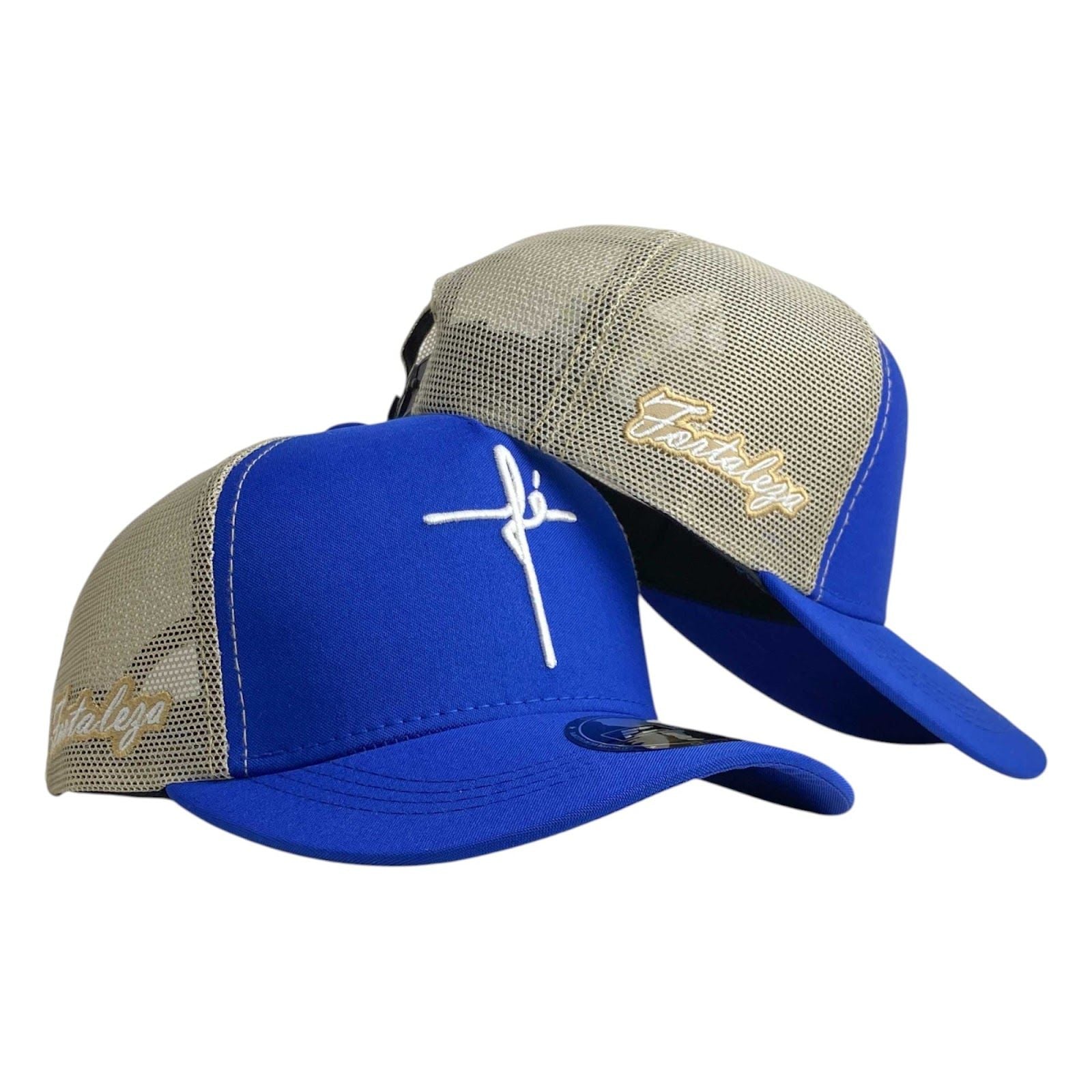 Gorra FE Azul con Malla Beige y Bordado en Relieve.