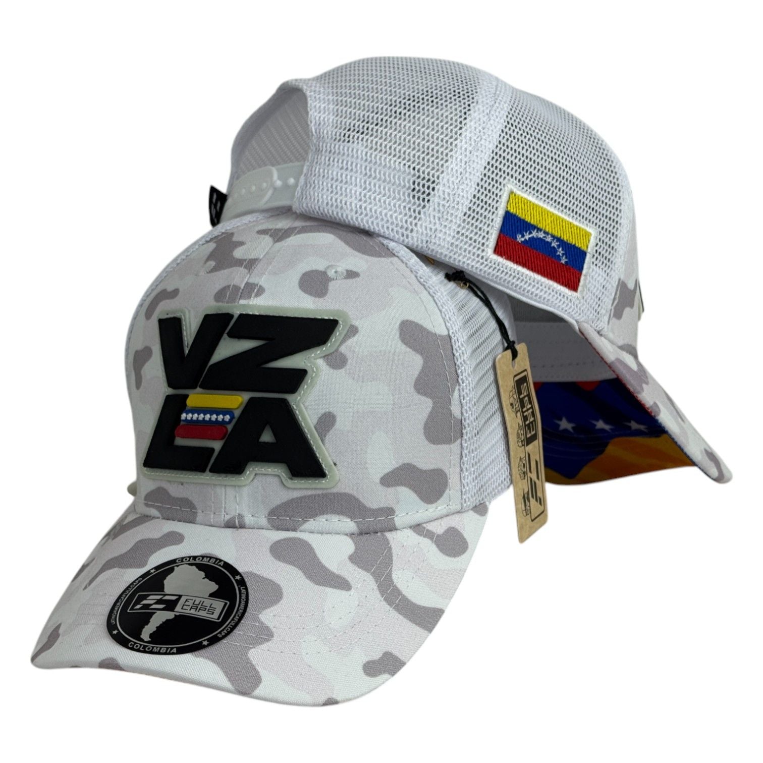 Gorra Venezuela Camo con Malla Blanca y Parche en Relieve.
