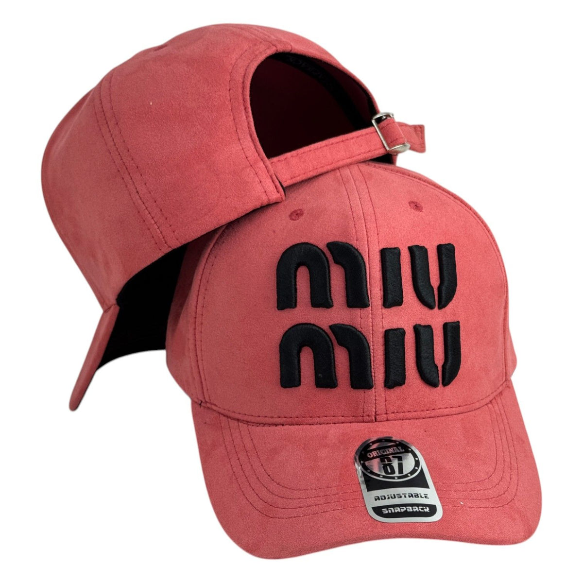 Gorra Miu Miu Rosa en Gamuza con Bordado en Relieve y Cierre Ajustable.