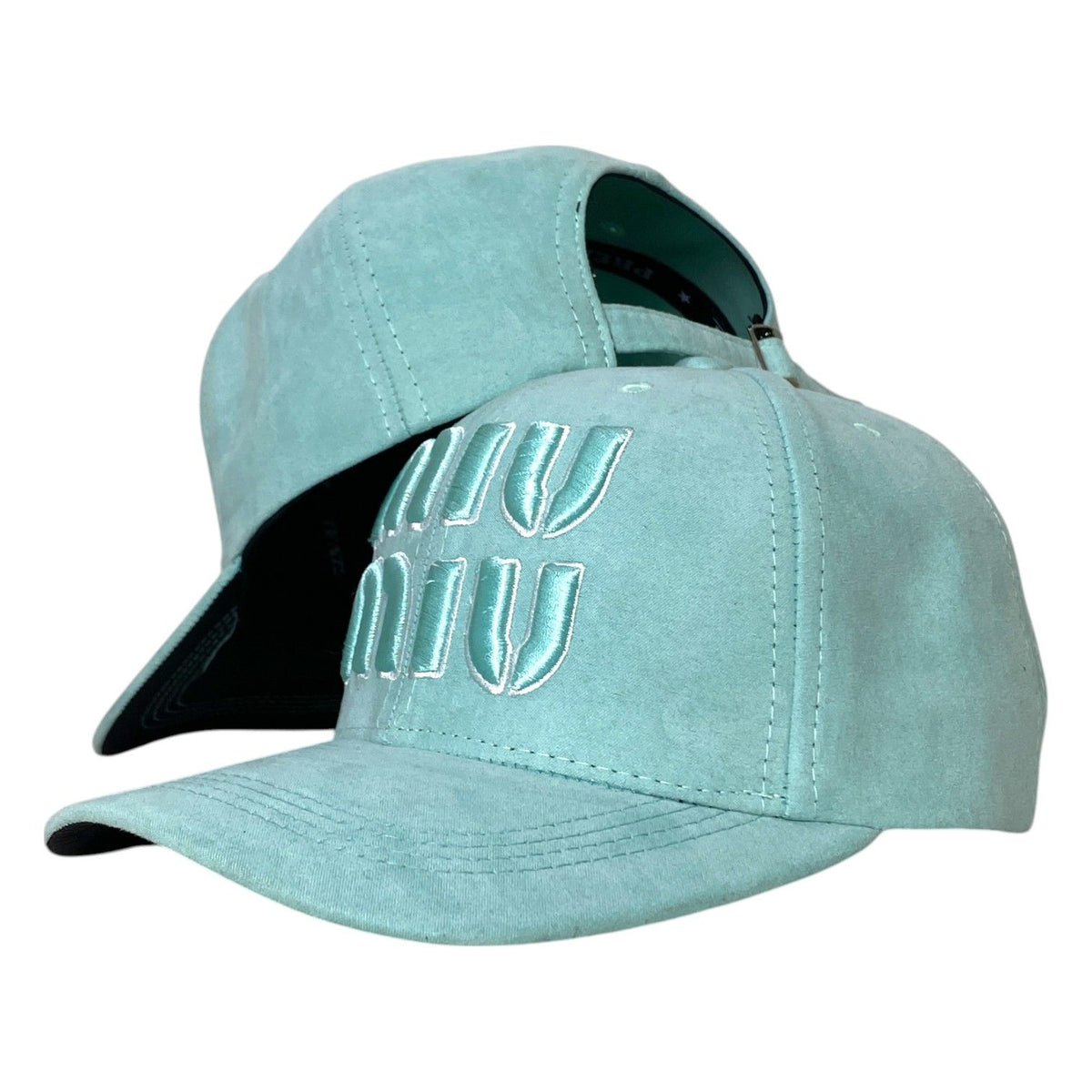 Gorra Miu Miu Turquesa en Gamuza con Bordado en Relieve y Cierre de Metal.