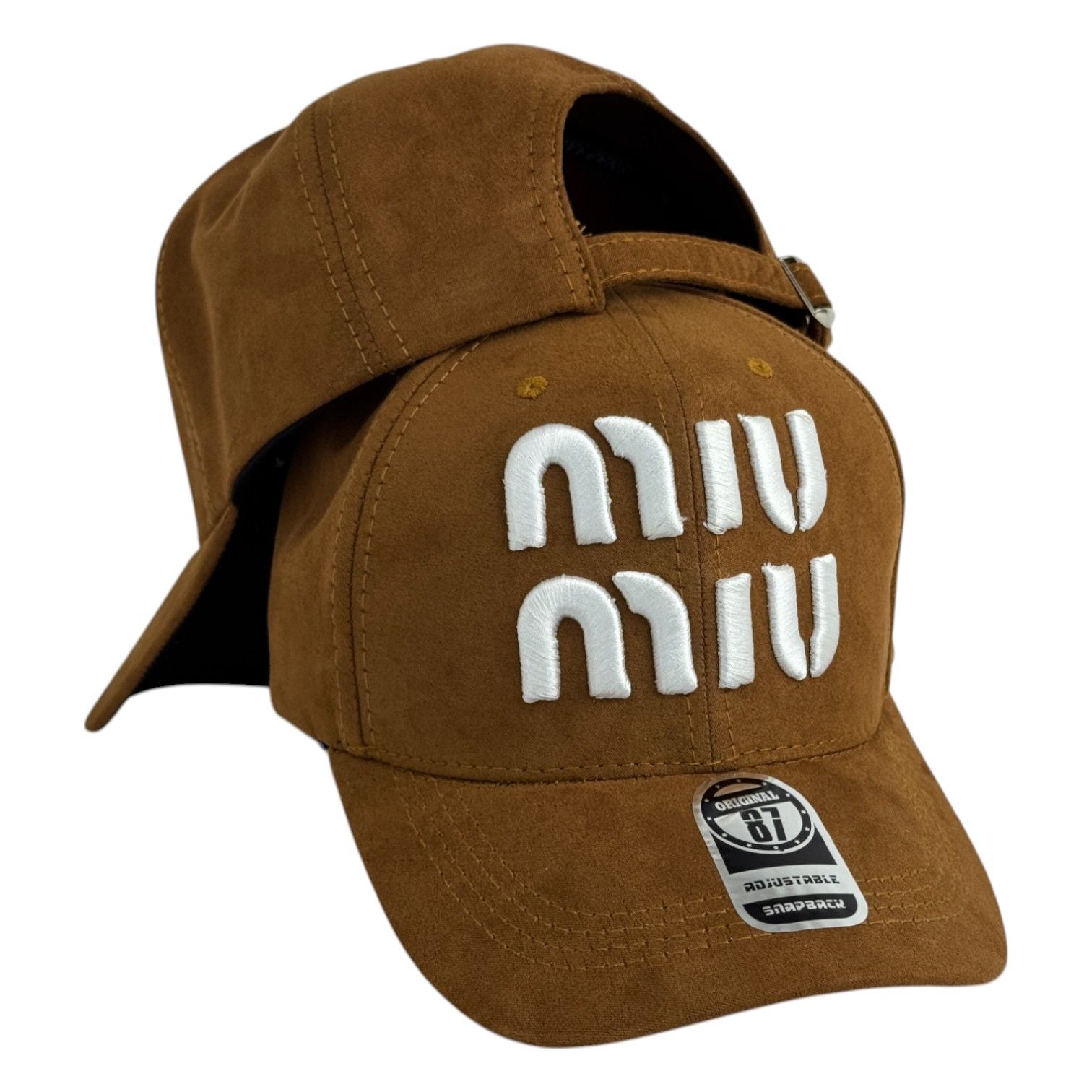 Gorra Miu Miu Marrón en Gamuza con Bordado en Relieve y Cierre Ajustable.