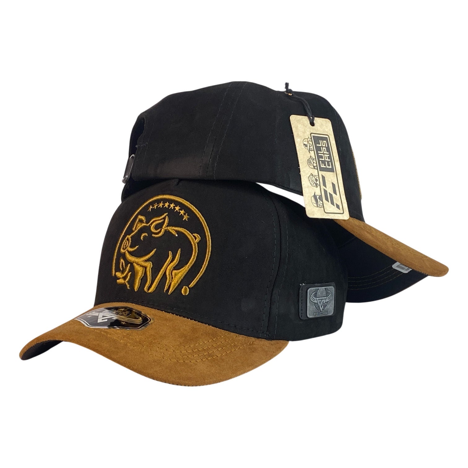 Gorra Full Corral Negra en Gamuza con Bordado de Cerdo y Visera Miel.