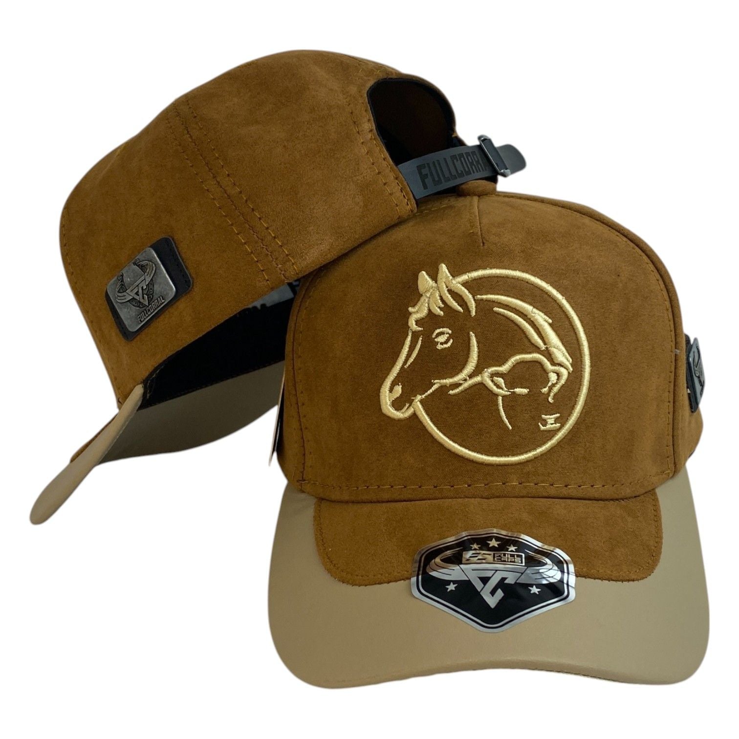 Gorra Full Corral Marrón en Gamuza con Bordado de Caballo y Visera Beige.