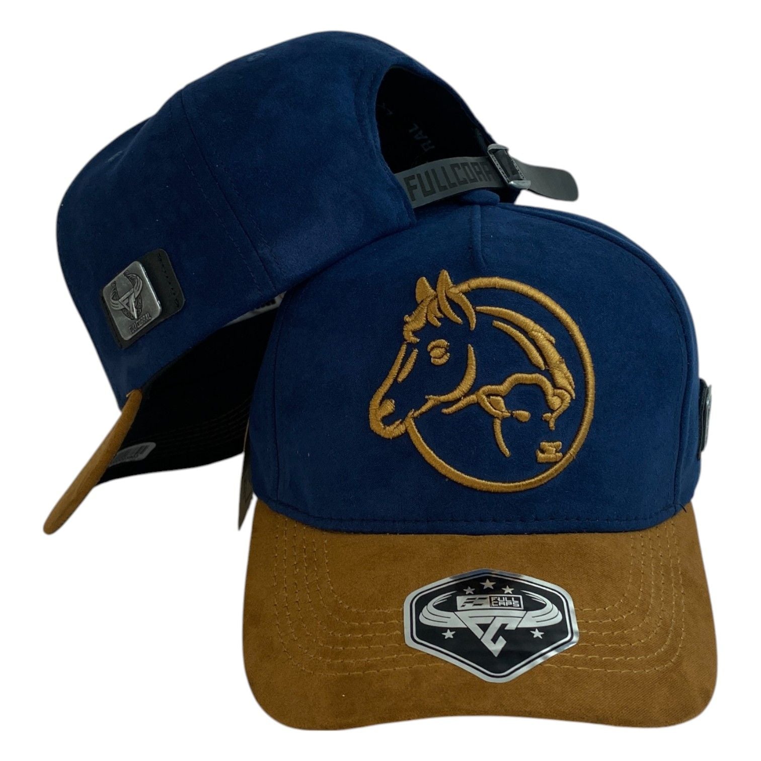Gorra Full Corral Azul en Gamuza con Bordado de Caballo y Visera Miel.