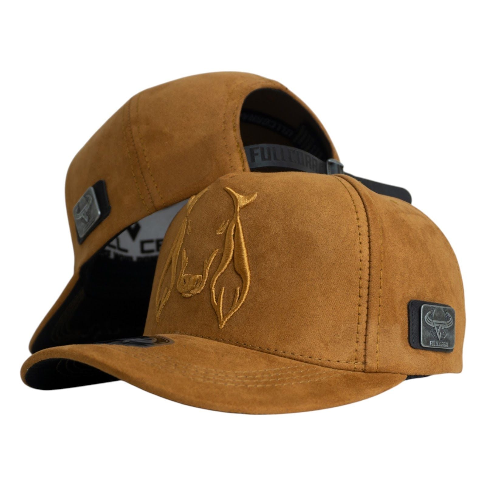 Gorra Full Corral Marrón en Gamuza con Bordado de Vaca y Placa Metálica.