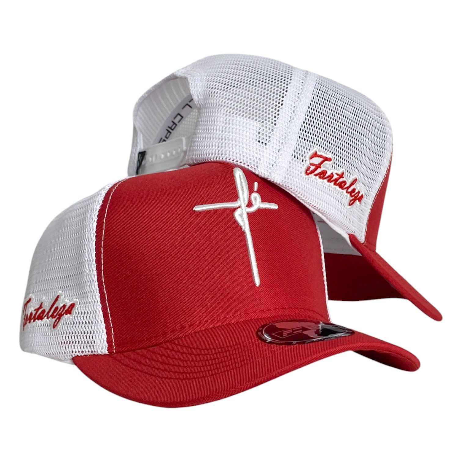 Gorra FE Roja con Malla Blanca y Bordado en Relieve.