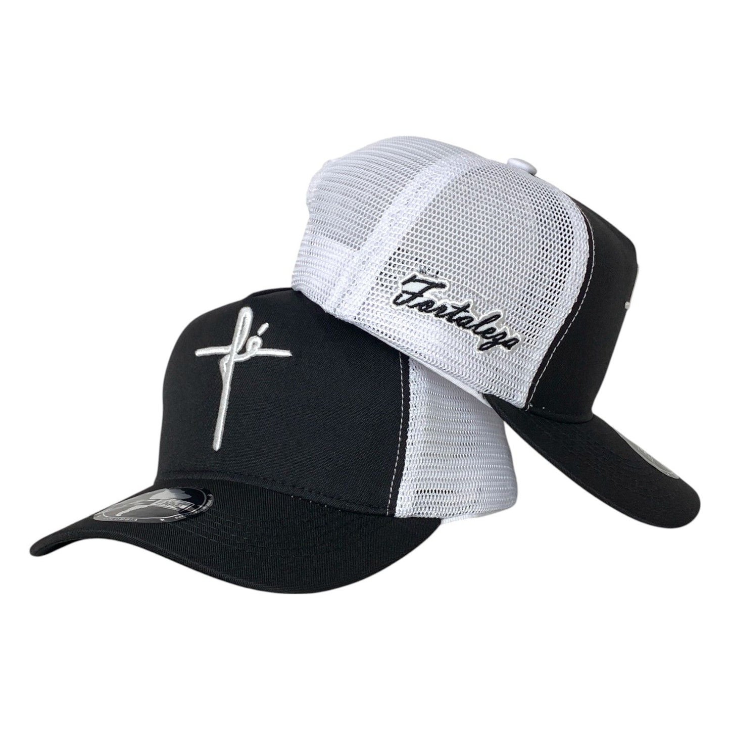 Gorra FE Negra con Malla Blanca y Bordado en Relieve.