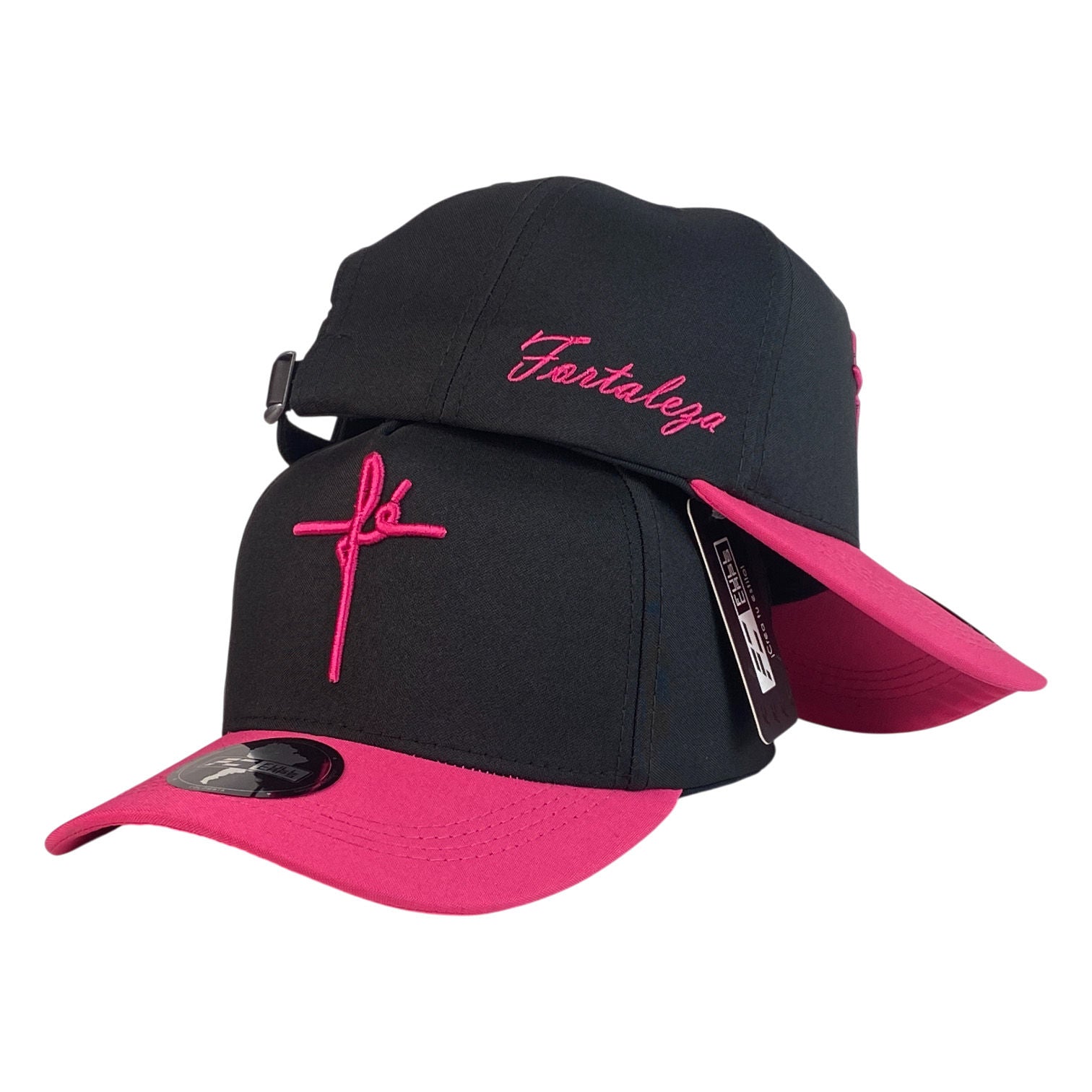 Gorra FE Negra con Visera Rosa y Bordado en Relieve.