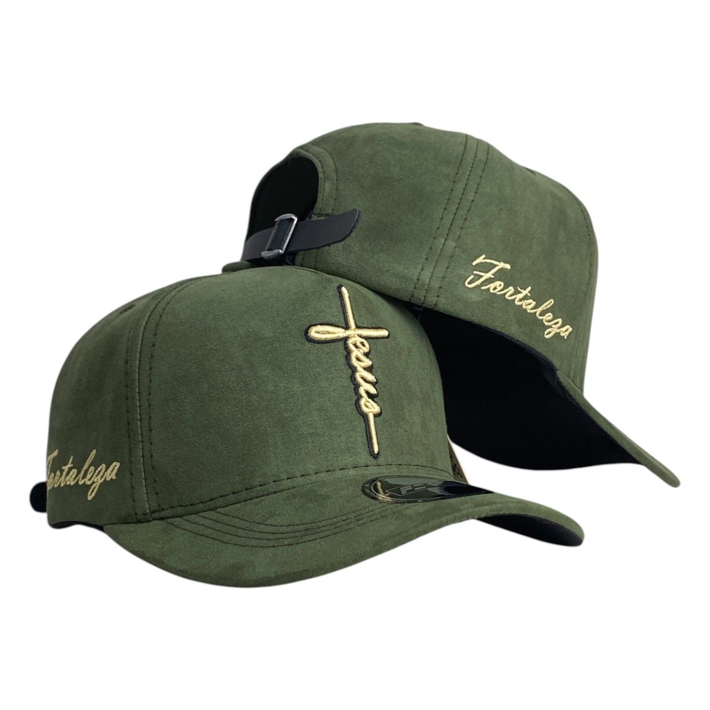 Gorra FE Verde en Gamuza con Bordado en Relieve y Cierre de Cuero.