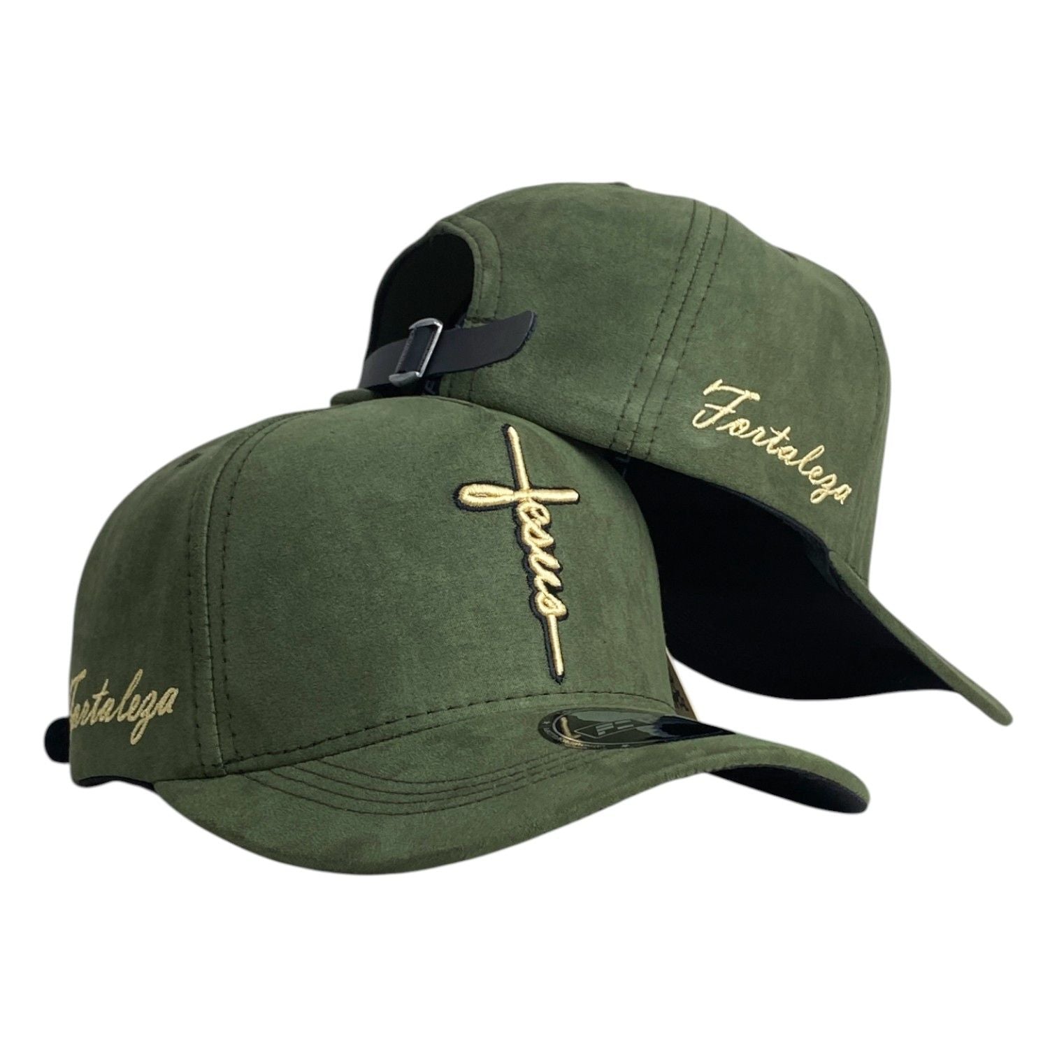 Gorra FE Verde en Gamuza con Bordado en Relieve y Cierre de Cuero.