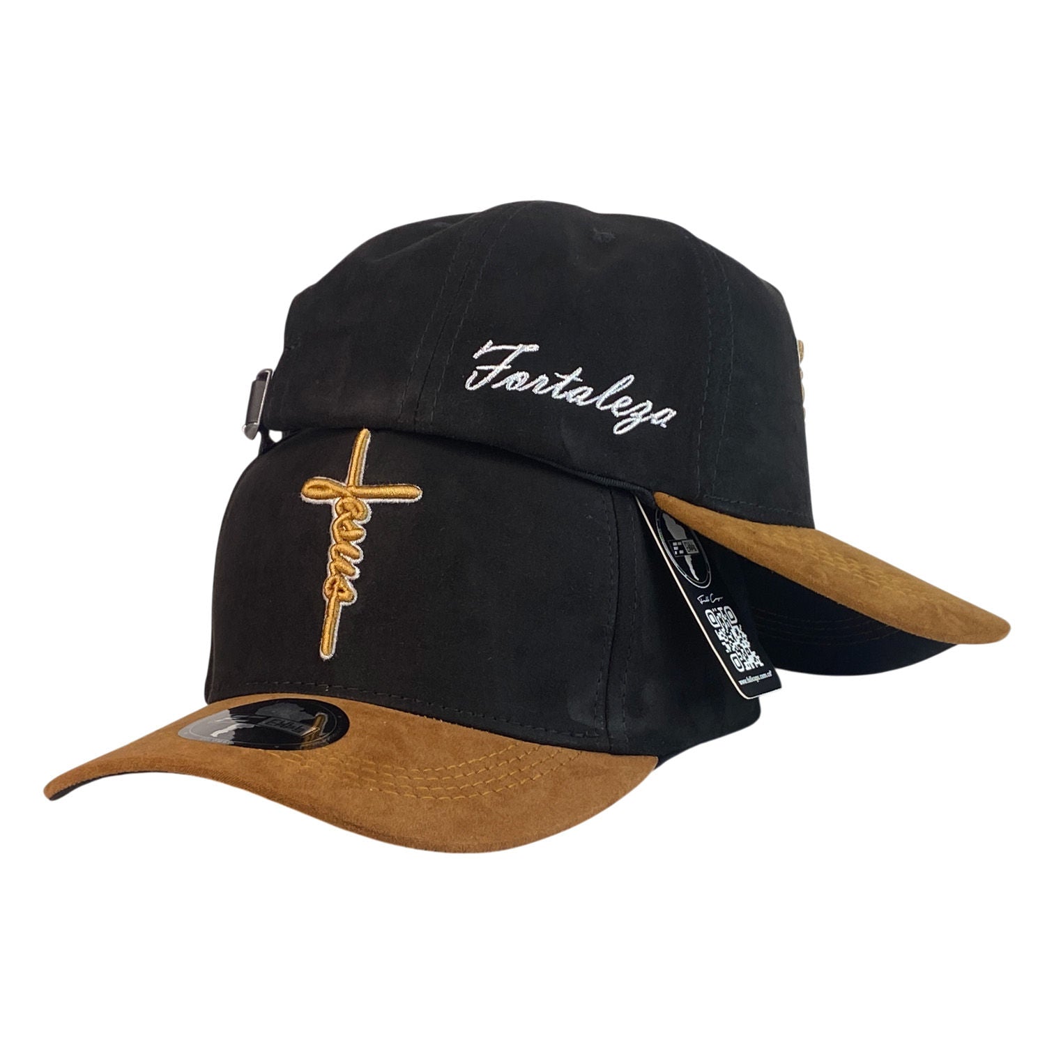 Gorra FE Negra en Gamuza con Visera Miel y Bordado en Relieve.