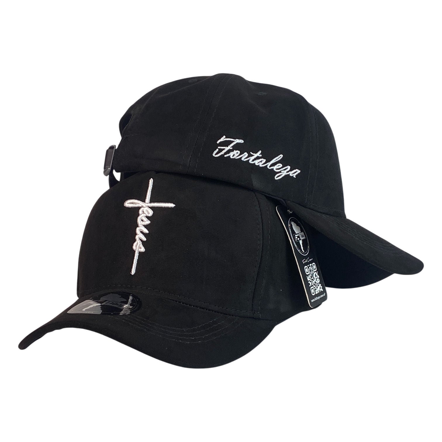Gorra FE Negra en Gamuza con Bordado de Jesus y Bordado Fortaleza.