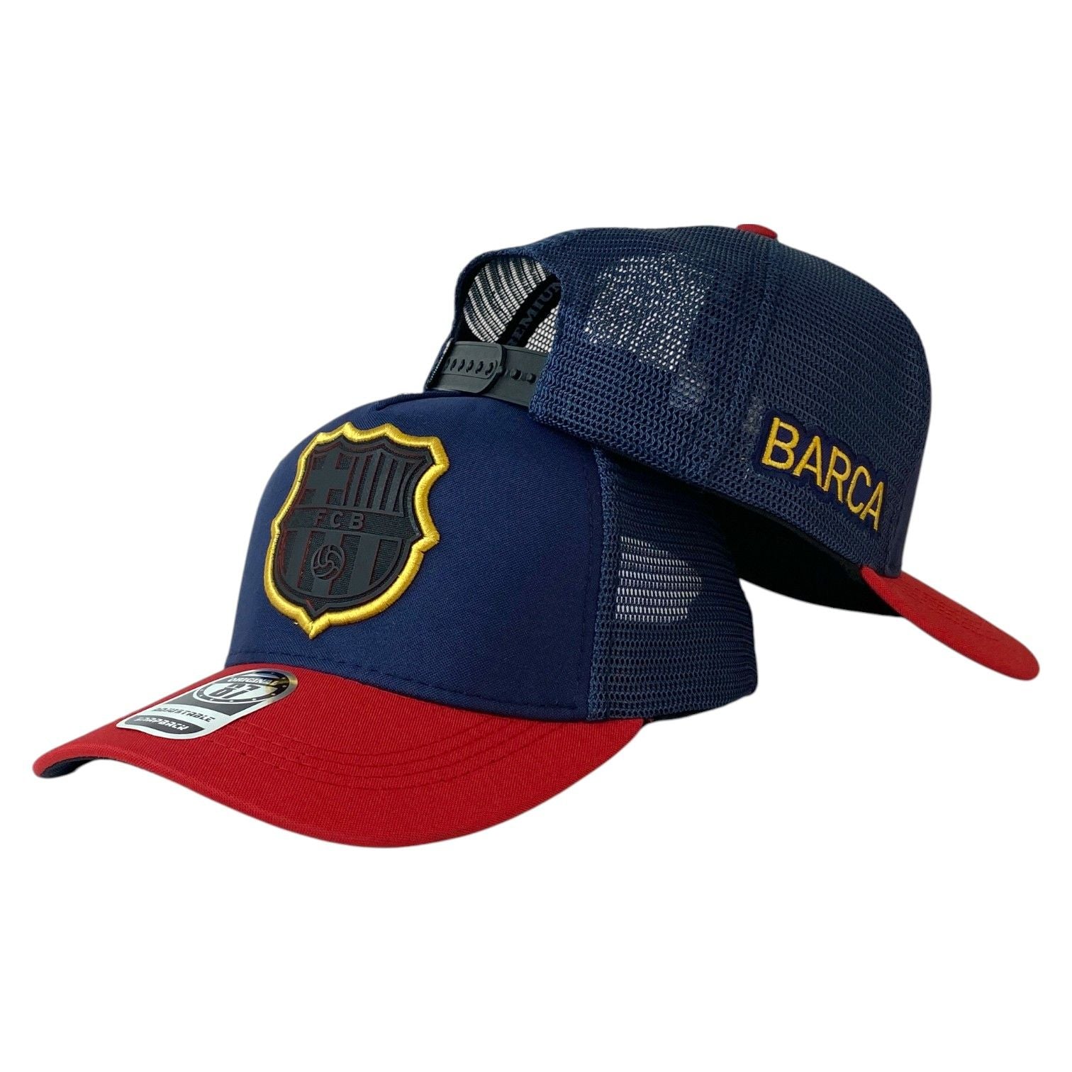 Gorra Barcelona Azul con Malla Azul y Bordado en Relieve.