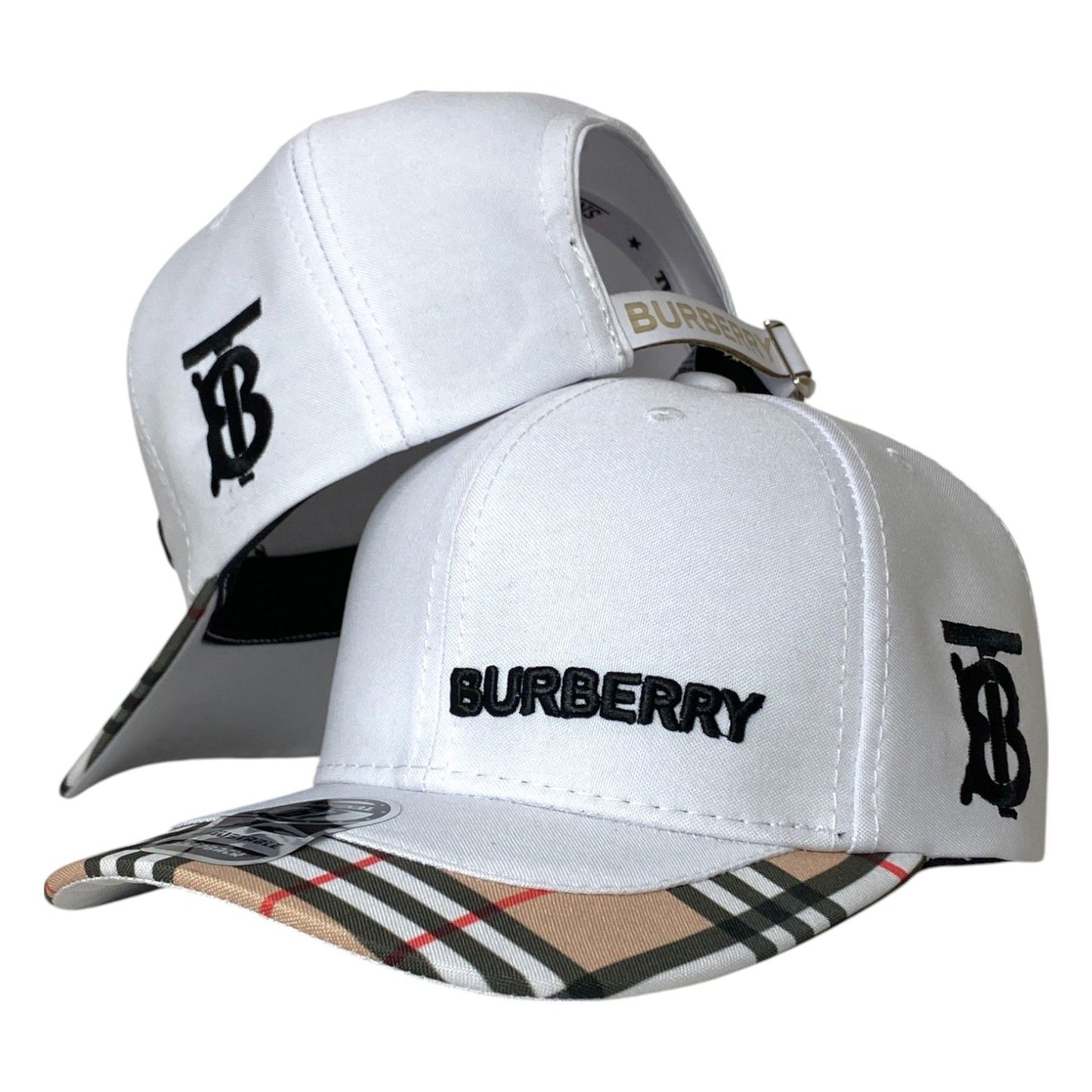 Gorra Burberry Blanca con Bordado en Relieve y Visera Estampada.