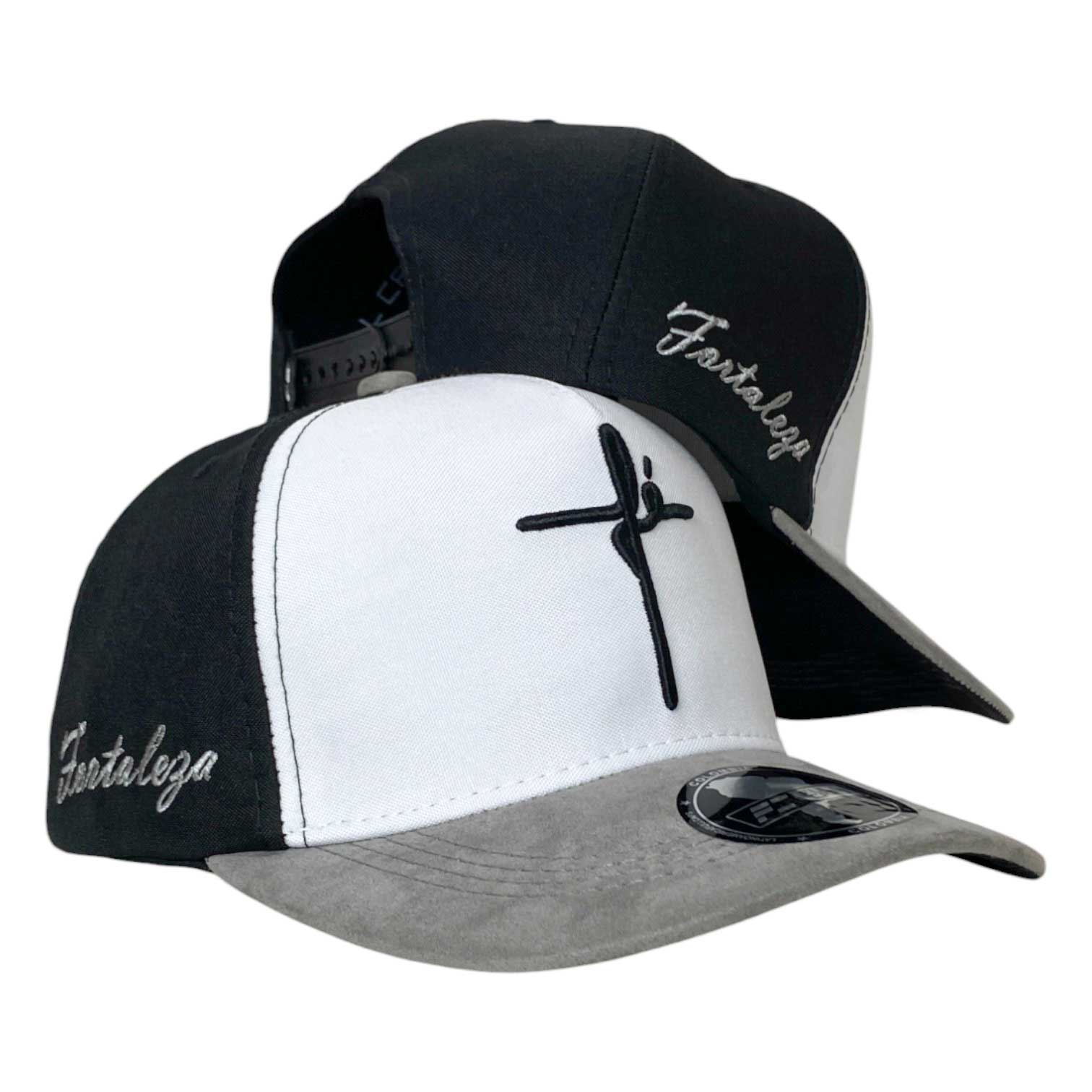 Gorra FE Negra y Blanca en Gamuza con Bordado en Relieve y Visera Gris.