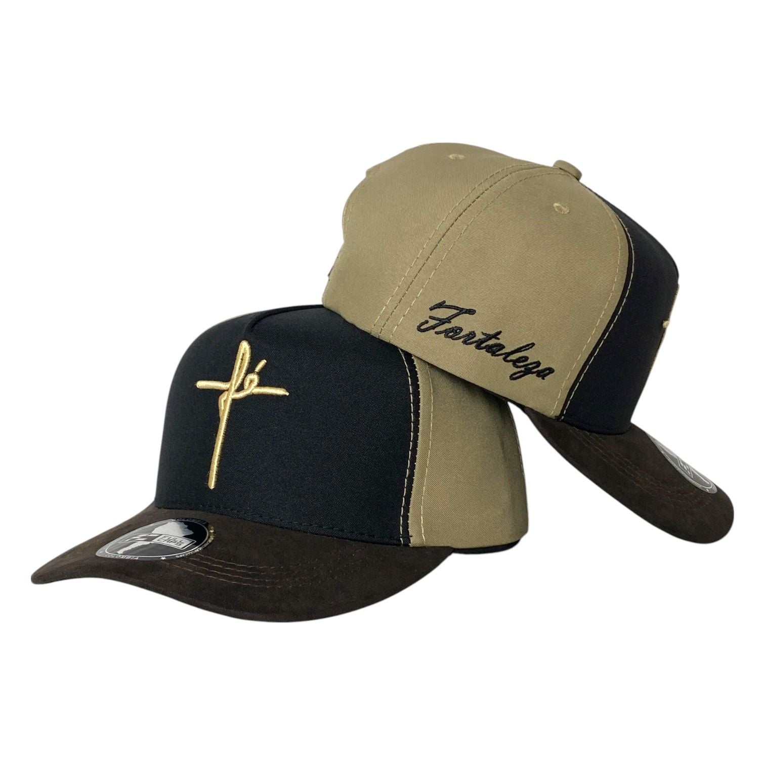 Gorra FE Negra y Beige en Gamuza con Bordado en Relieve y Bordado Lateral.