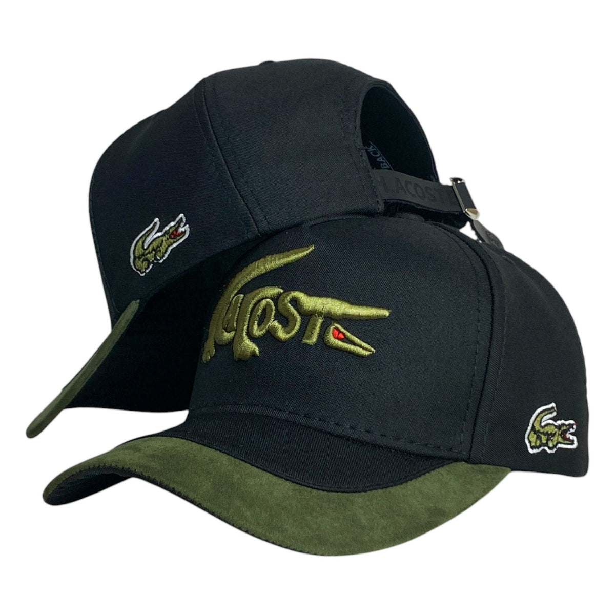 Gorra Lacoste Negra en Gamuza con Visera Verde y Bordado en Relieve.