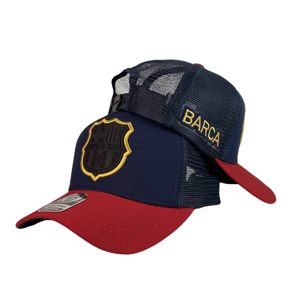 Gorra Barcelona Azul y Roja con Malla Azul y Bordado en Relieve.