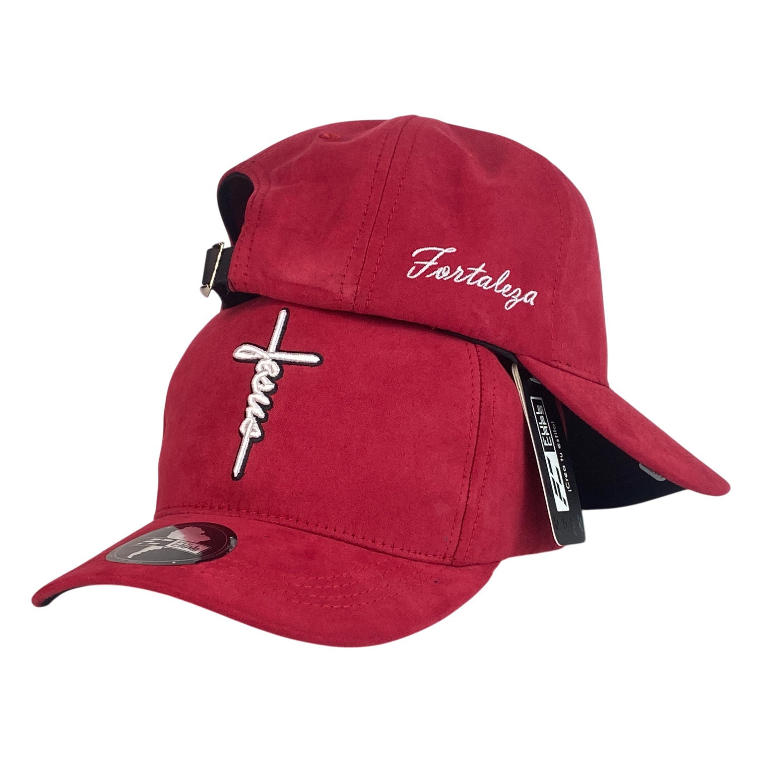 Gorra FE Roja en Gamuza con Bordado de Jesús y Bordado Fortaleza.