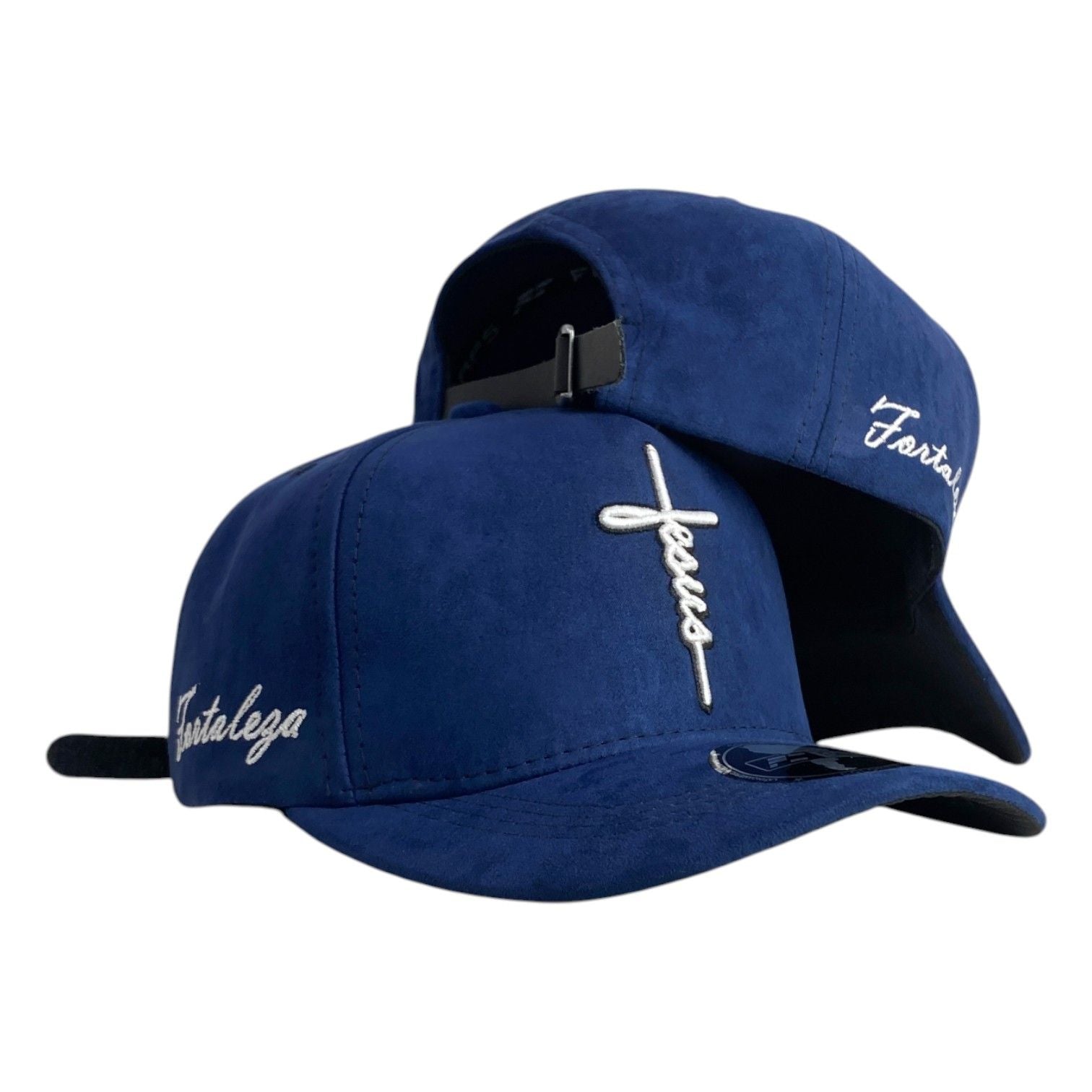 Gorra FE Azul en Gamuza con Bordado en Relieve y Cierre de Cuero.