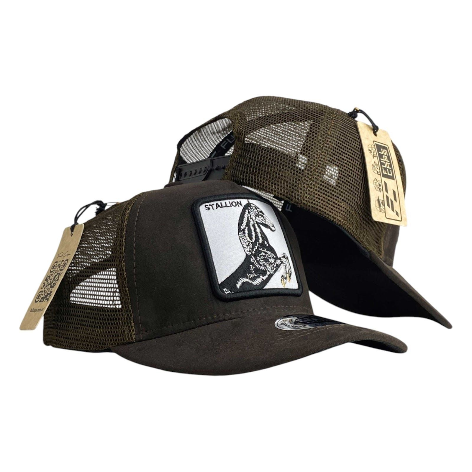 Gorra Full Corral Marrón en Gamuza con Bordado de Caballo y Malla Marrón.