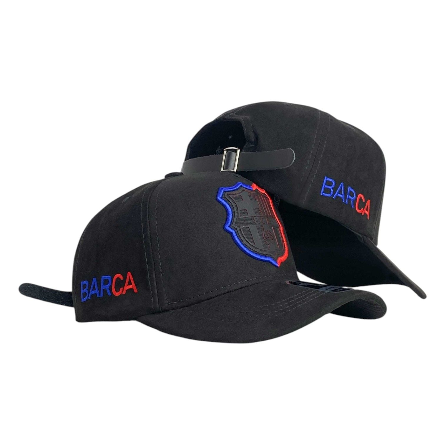 Gorra Barcelona Negra en Gamuza con Bordado en Relieve y Cierre de Cuero.