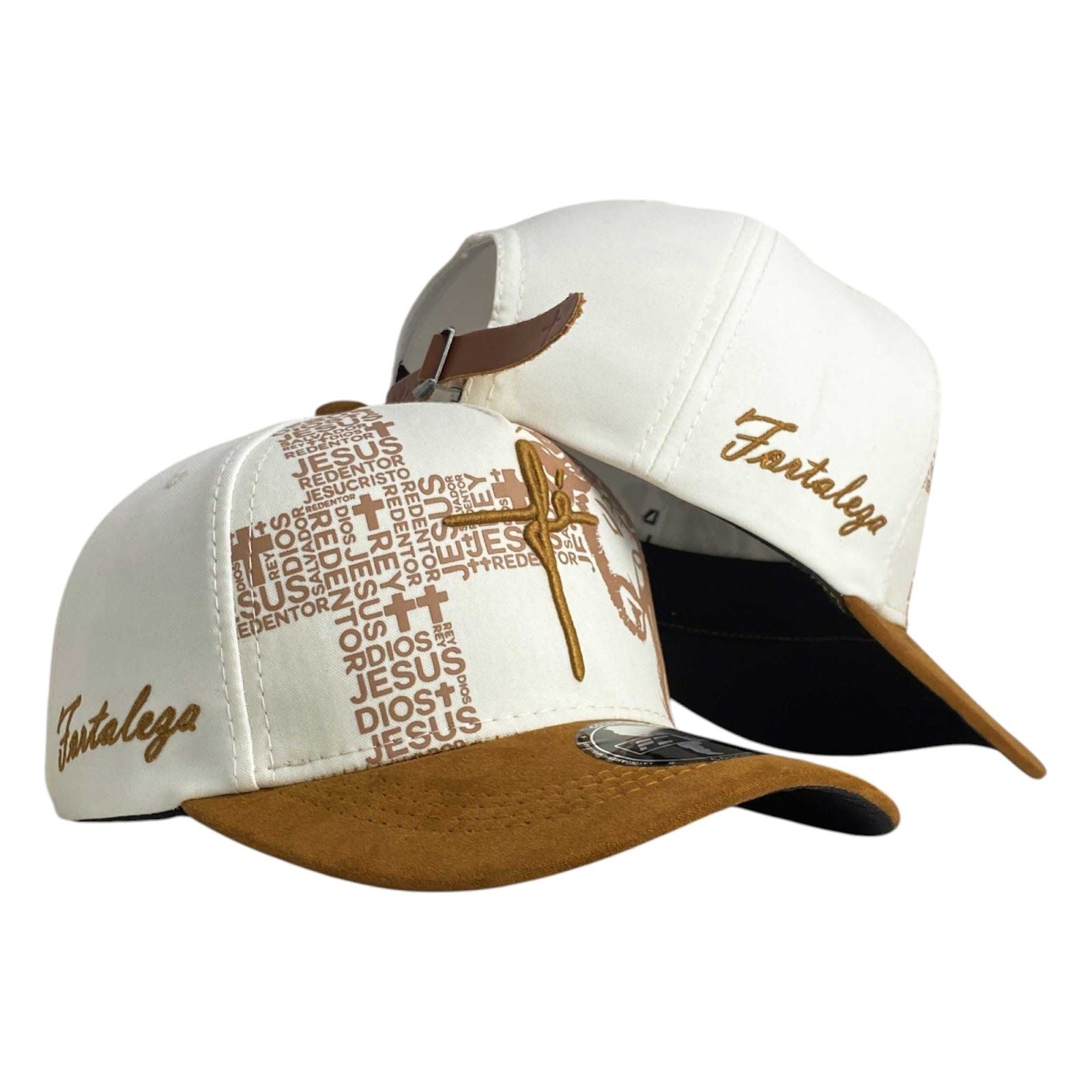 Gorra FE Blanca en Gamuza con Visera Miel y Cierre de Cuero.