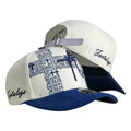 Gorra FE Blanca y Azul en Gamuza con Estampado y Bordado en Relieve.