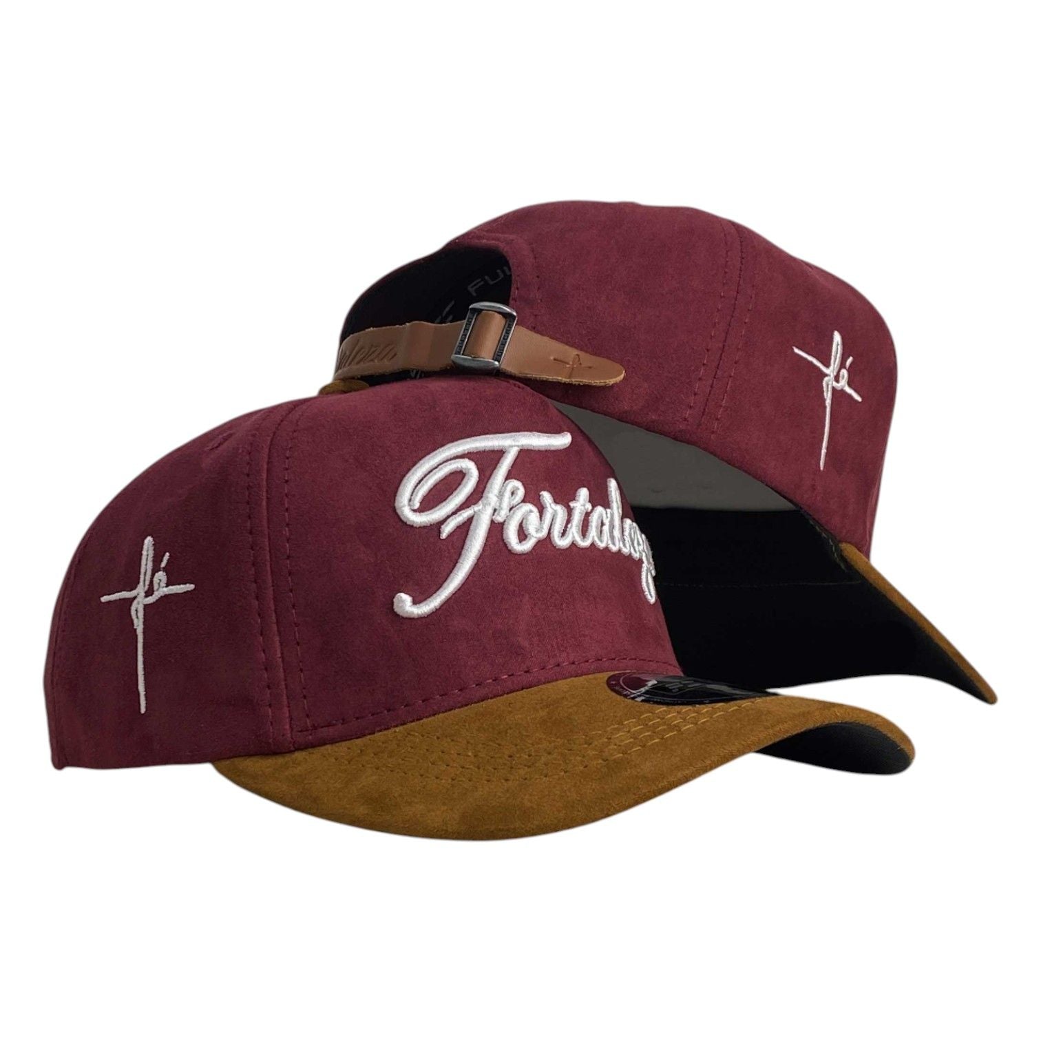 Gorra FE Vinotinto en Gamuza con Visera Miel y Cierre de Cuero.