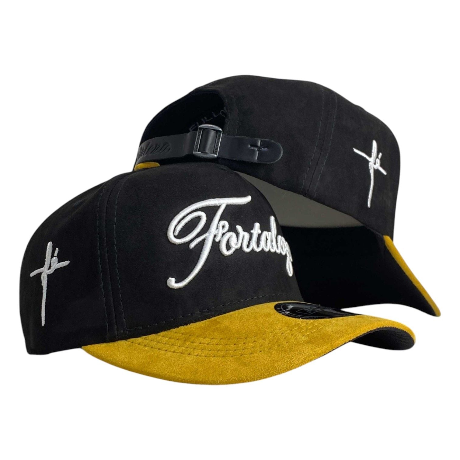 Gorra FE Negra en Gamuza con Visera Miel y Bordado en Relieve.