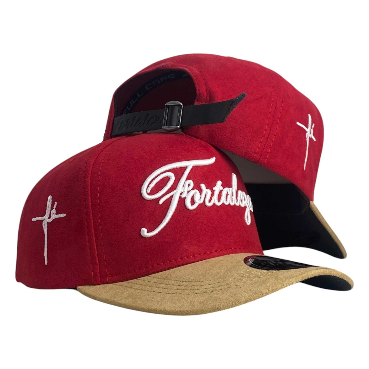 Gorra FE Roja en Gamuza con Bordado en Relieve y Visera Miel.