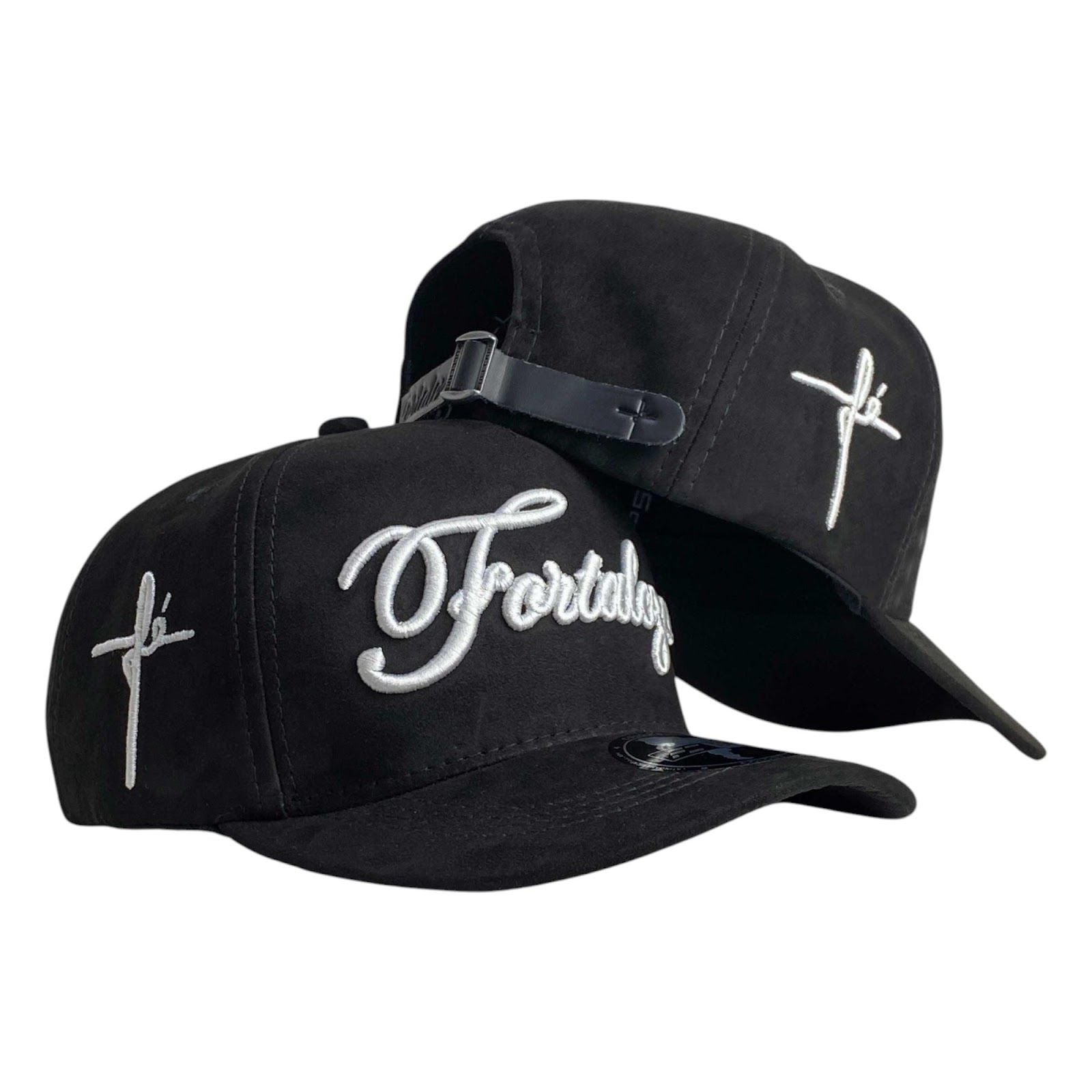 Gorra FE Negra en Gamuza con Bordado en Relieve y Cierre de Cuero.