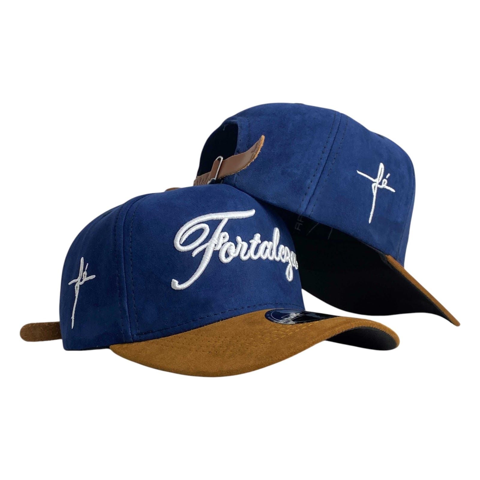 Gorra FE Azul en Gamuza con Visera Miel y Bordado en Relieve.