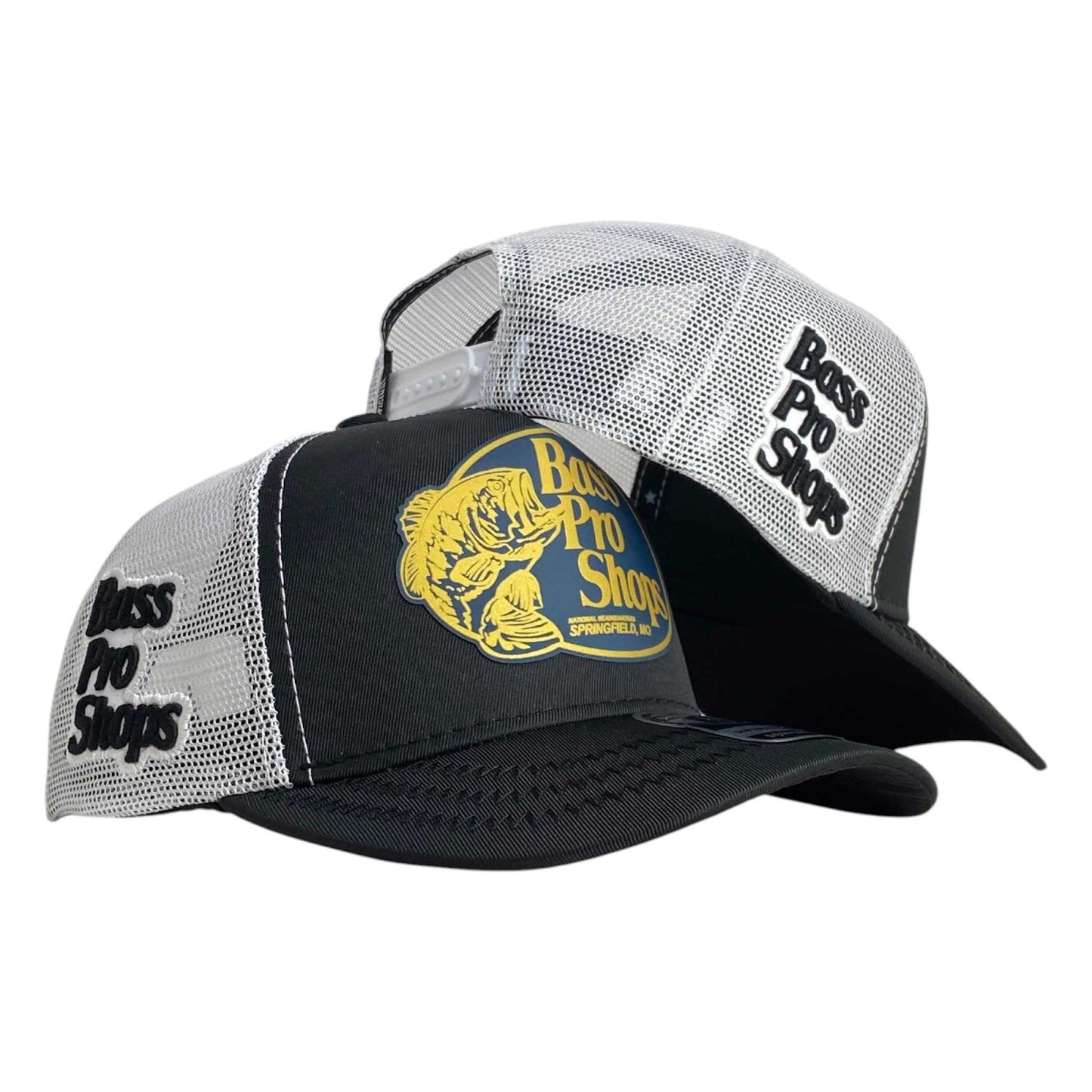 Gorra Bass Pro Shop Negra con Malla Blanca y Bordado en Relieve.